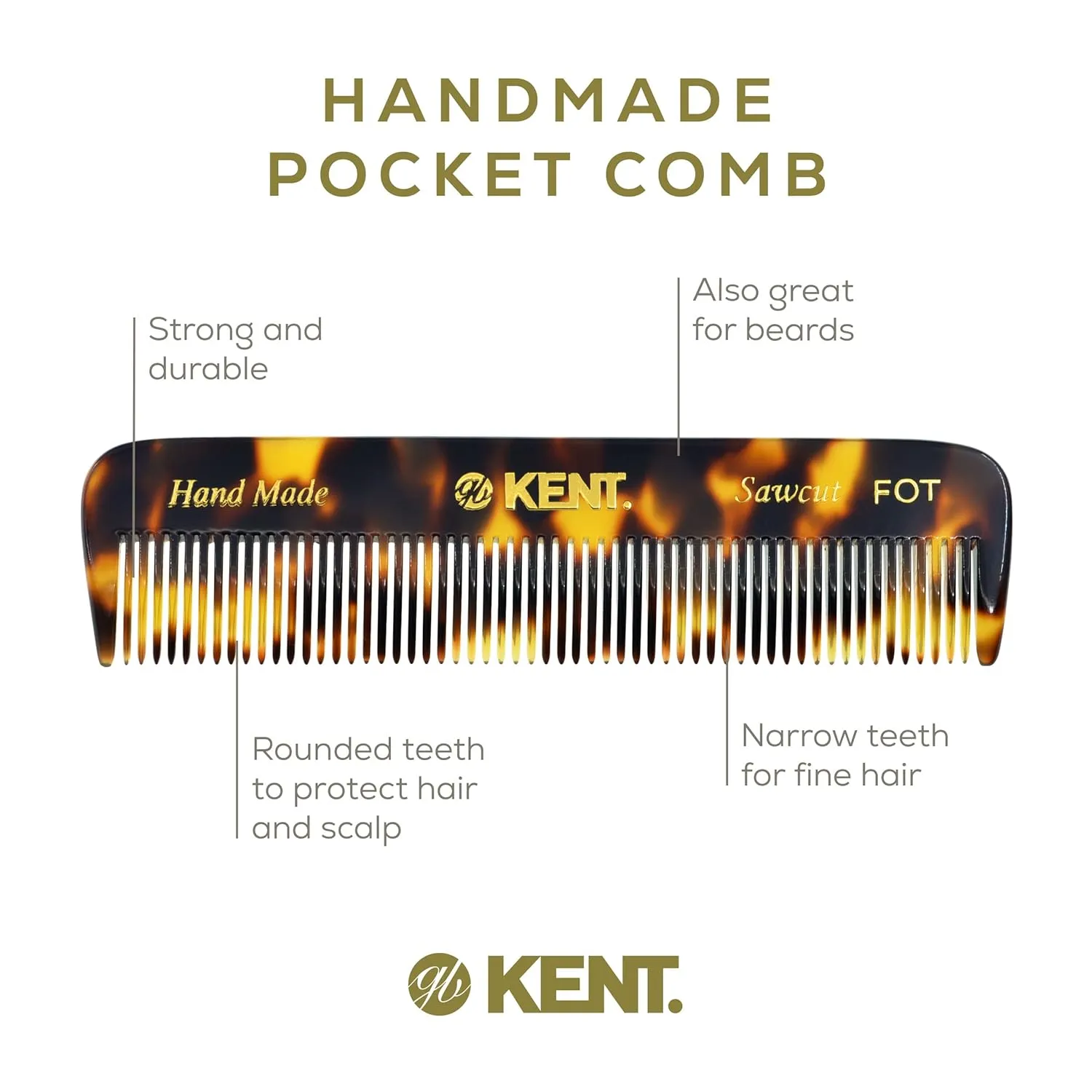 Kent FOT TY Fine Tooth Beard and Hair Comb - Handmade Travel Pocket Styling Comb for Thinning Hair, Mustache Care - Essential for Kent Beard Kit
