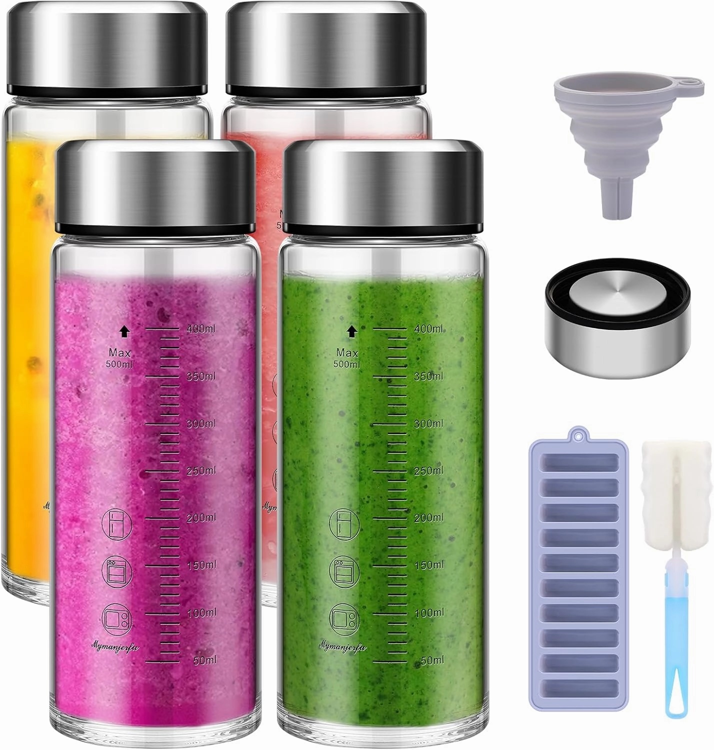 KesaPlan 4 Pack 16 oz Glass Juice Bottles, Wide Mouth Glass Juicing Bottles with Lids, Reusable Water Bottle for Milk, Juicing, Beverage, Protein, Smoothie, Stainless Steel Lids, Leak-proof, BPA Free