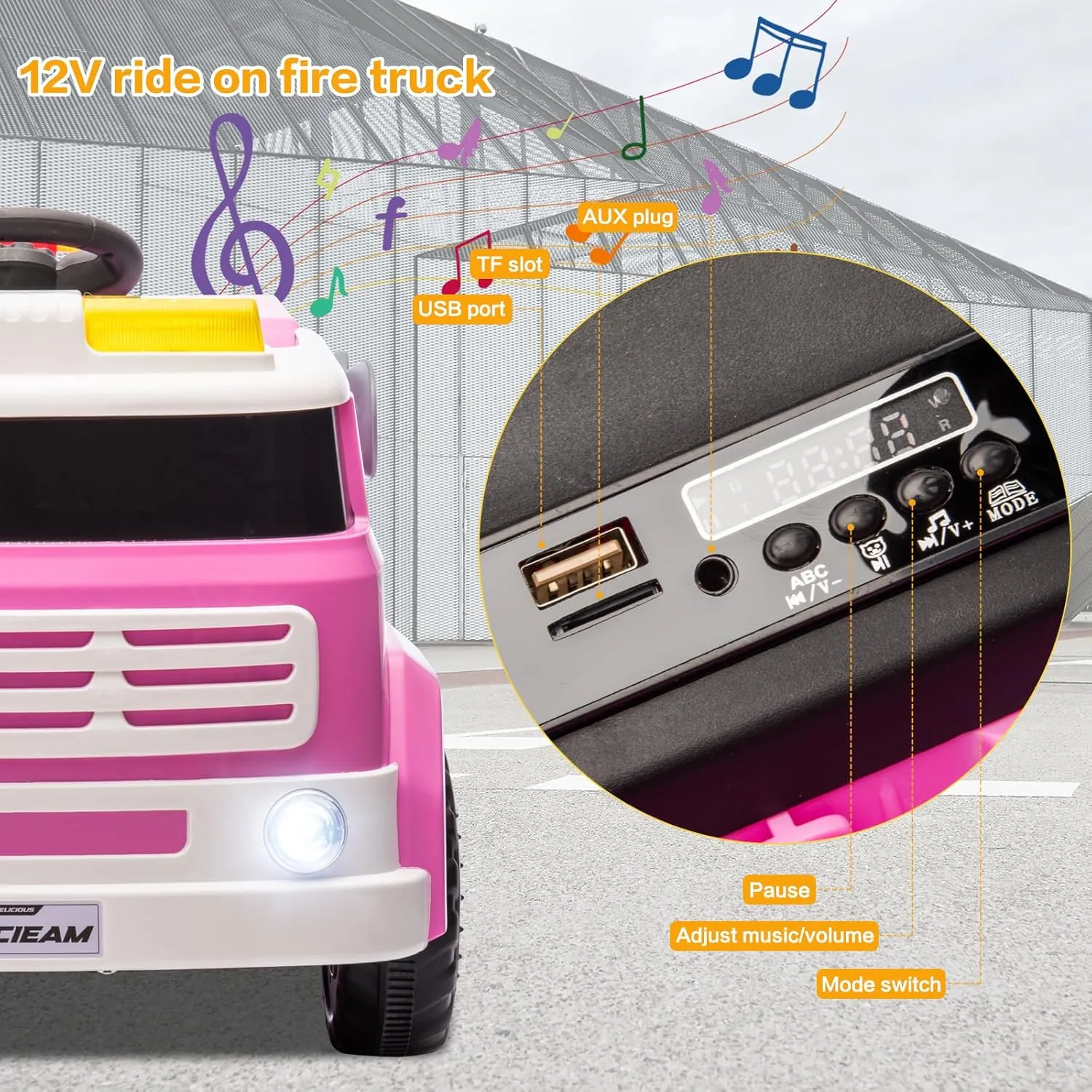 Kids Ride on Fire Truck 12V7AH Battery Powered Car Toy with Flashing Lights, Parent Remote Control Electric Car with Fire Gun, Shovel, Loudspeaker, Music Player, Power Display, Pink