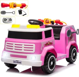 Kids Ride on Fire Truck 12V7AH Battery Powered Car Toy with Flashing Lights, Parent Remote Control Electric Car with Fire Gun, Shovel, Loudspeaker, Music Player, Power Display, Pink