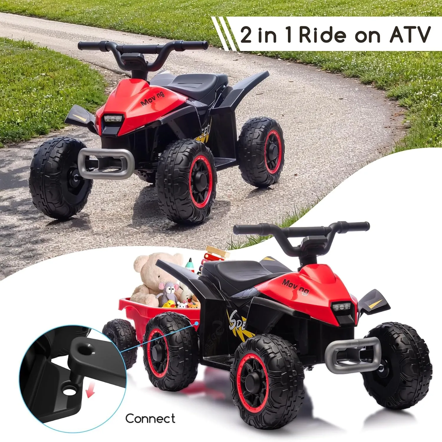 Kids Ride On Toys,6V Kids ATV Quad with Trailer for Toddlers 3 Year Old , Electric Ride-On Car w/Wear-Resistant Tires,Music, Forward & Backward for Outdoor Play (red)