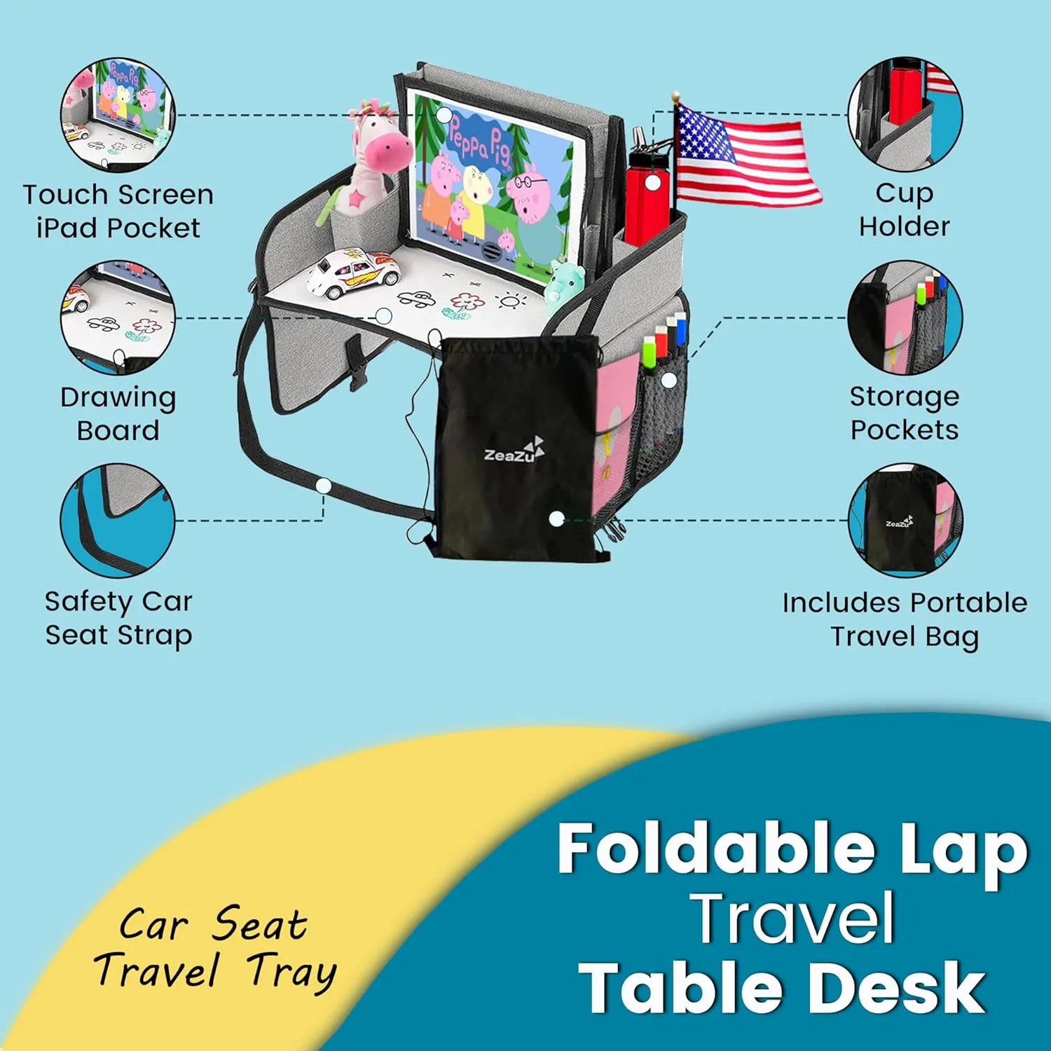 Kids Travel Tray - Foldable Toddler Lap Desk with Dry Erase Board, Car Seat Tray for Toddler, Waterproof Lap Tray for Airplane Kids Travel Essentials for Road Trip Activities, Silver