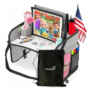 Kids Travel Tray - Foldable Toddler Lap Desk with Dry Erase Board, Car Seat Tray for Toddler, Waterproof Lap Tray for Airplane Kids Travel Essentials for Road Trip Activities, Silver