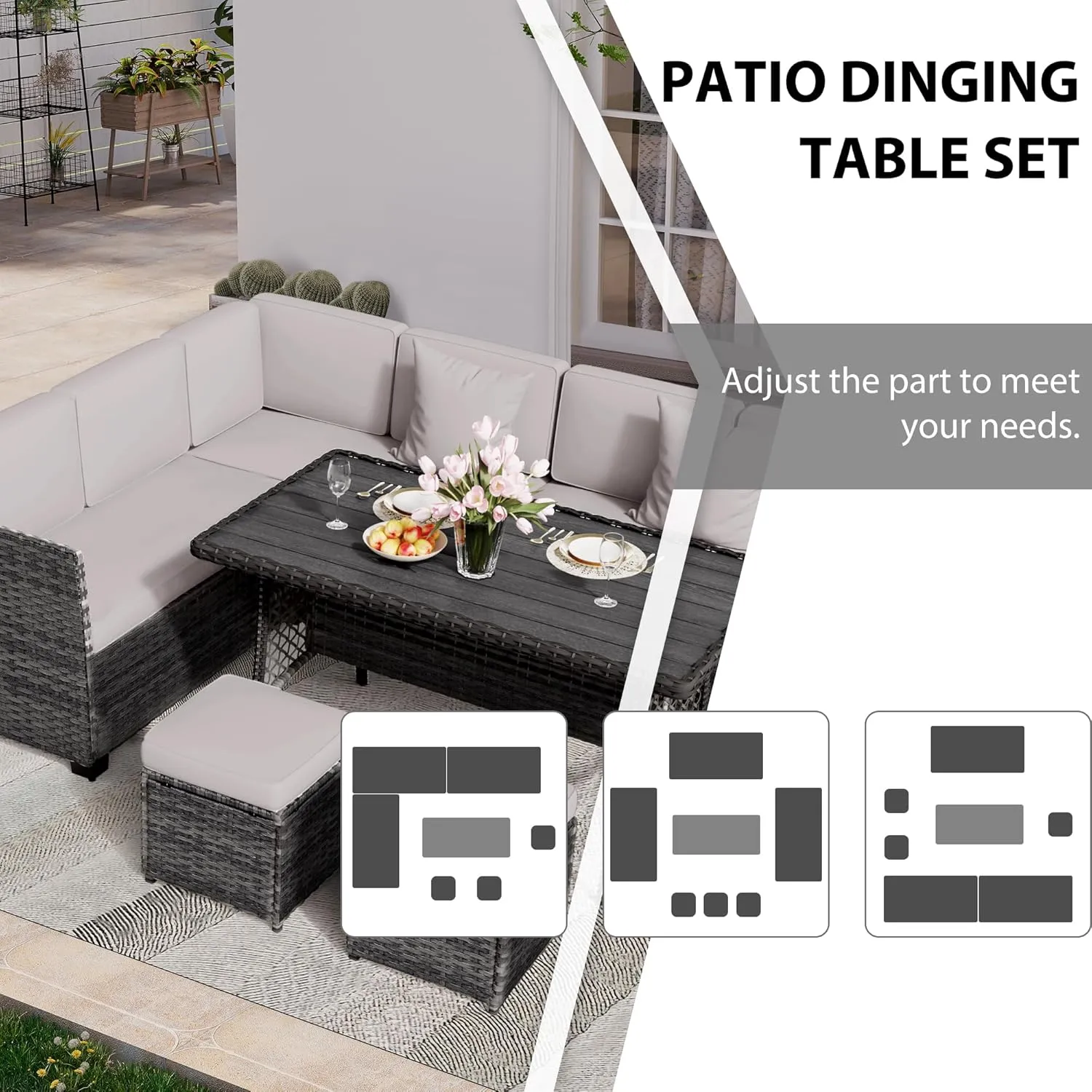 KIGOTY Outdoor Patio Furniture Set 7 Piece Wicker Rattan Outdoor Dining Set, Patio Table and Chairs Set, Patio Conversation Sofa with Dining Table and Ottomans (Gray-Light Gray, 7 PCS-B)