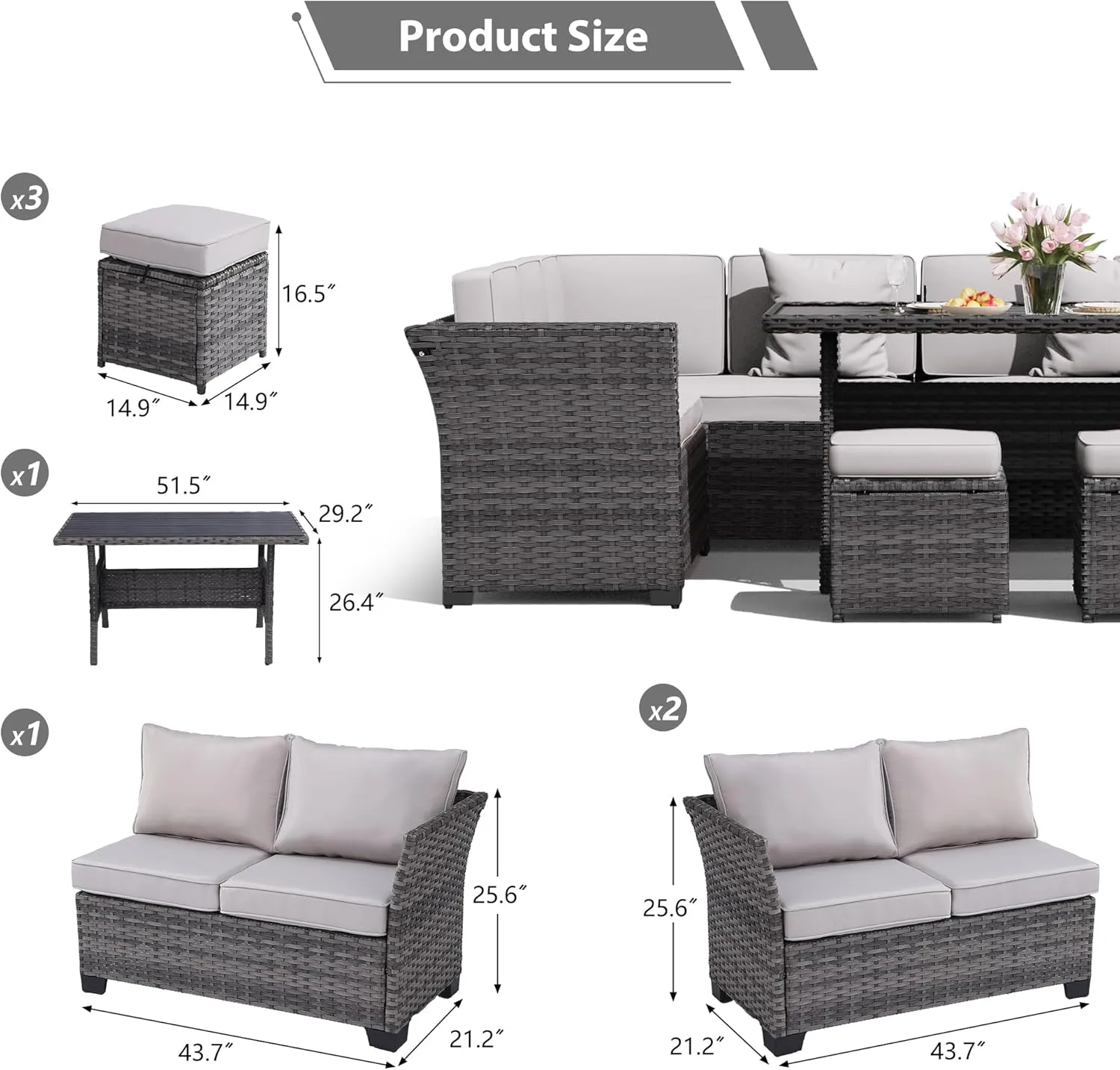 KIGOTY Outdoor Patio Furniture Set 7 Piece Wicker Rattan Outdoor Dining Set, Patio Table and Chairs Set, Patio Conversation Sofa with Dining Table and Ottomans (Gray-Light Gray, 7 PCS-B)
