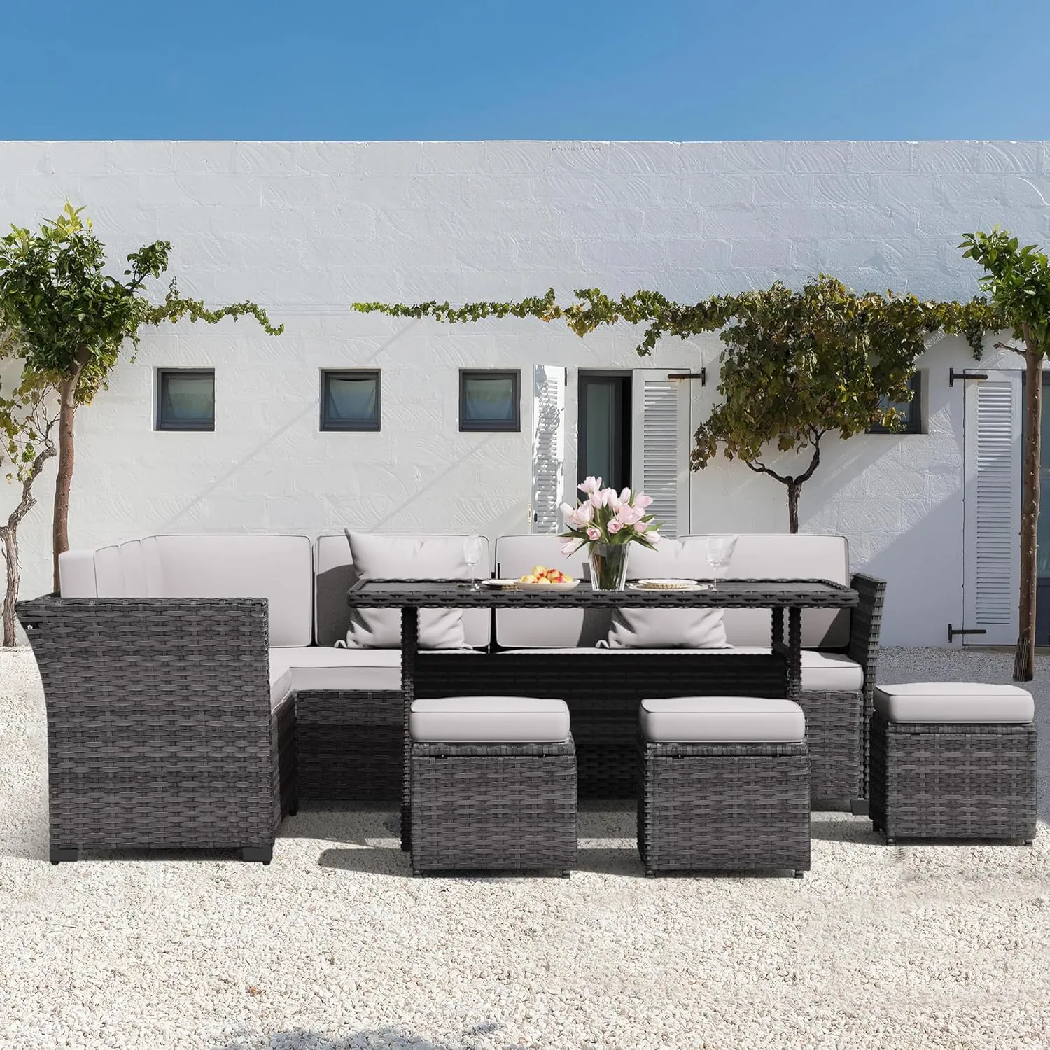 KIGOTY Outdoor Patio Furniture Set 7 Piece Wicker Rattan Outdoor Dining Set, Patio Table and Chairs Set, Patio Conversation Sofa with Dining Table and Ottomans (Gray-Light Gray, 7 PCS-B)