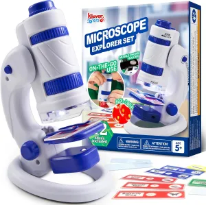Klever Kits Microscope Explorer Set for Kids, 2 in 1 Science Experiment Toy with Portable Microscope and 12 Specimen Slides, 60X-180X, Educational Toys for Kids Aged 5 