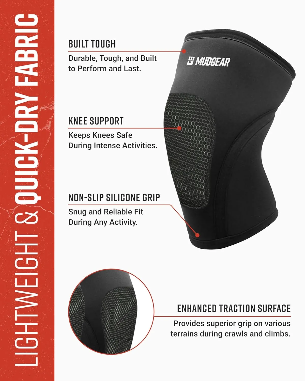 Knee Pads, Durable & Lightweight Compression Knee Sleeves with Silicone Grip for Obstacle Course Racing, Tactical Training, Spartan Race, Mud Runs, Ninja Warrior, Fitness & Workouts, Large