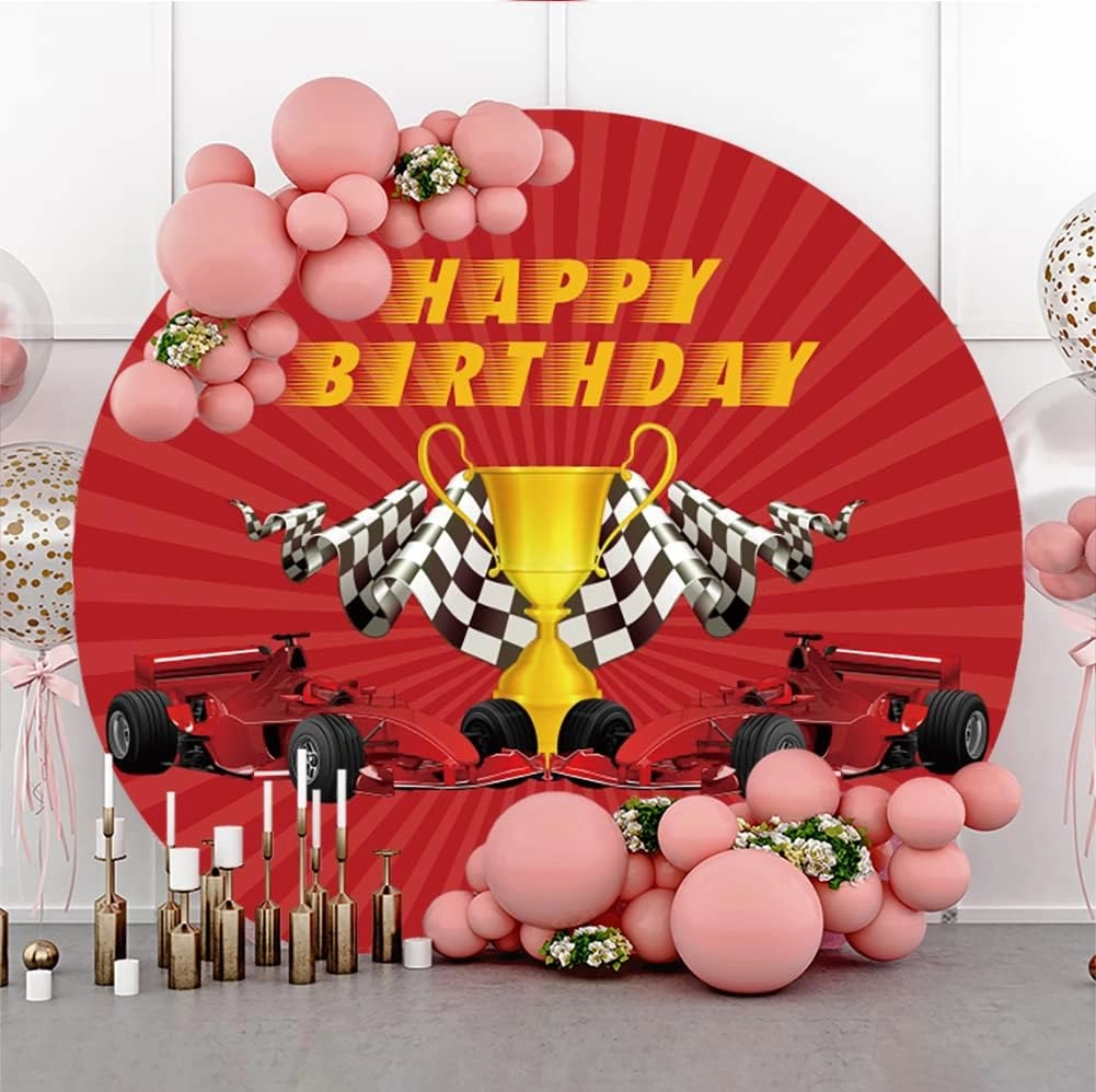Laeacco 7.2x7.2ft Racing Car Themed Birthday Round Backdrop Champion Trophy Black White Grid Flag Circle Backdrop Cover Red Photo Background for Boys Men Birthday Party Cake Table Decor Booth Props