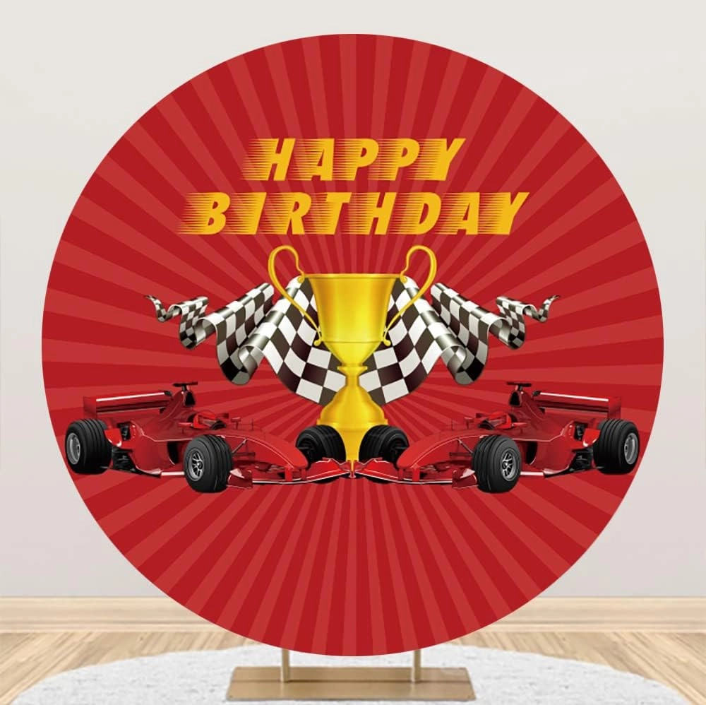 Laeacco 7.2x7.2ft Racing Car Themed Birthday Round Backdrop Champion Trophy Black White Grid Flag Circle Backdrop Cover Red Photo Background for Boys Men Birthday Party Cake Table Decor Booth Props