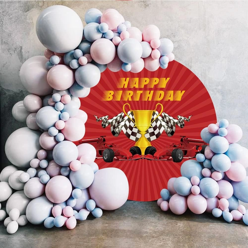 Laeacco 7.2x7.2ft Racing Car Themed Birthday Round Backdrop Champion Trophy Black White Grid Flag Circle Backdrop Cover Red Photo Background for Boys Men Birthday Party Cake Table Decor Booth Props