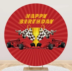 Laeacco 7.2x7.2ft Racing Car Themed Birthday Round Backdrop Champion Trophy Black White Grid Flag Circle Backdrop Cover Red Photo Background for Boys Men Birthday Party Cake Table Decor Booth Props