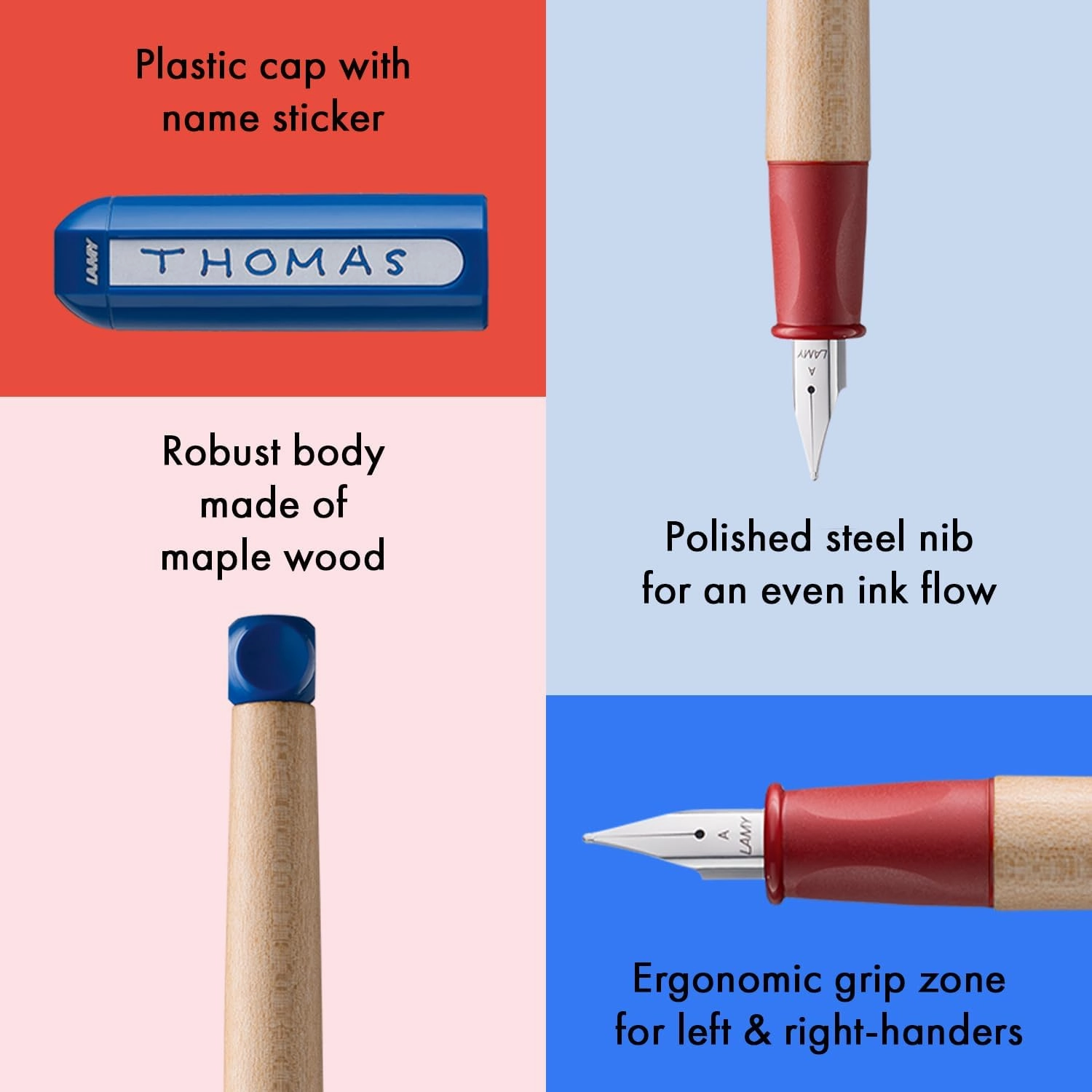 LAMY abc blue - child-friendly Fountain Pen for writing beginners with ergonomic grip & polished Left-Handed steel nib (LH) in size M - robust maple wood - including LAMY T 10 blue ink cartridge