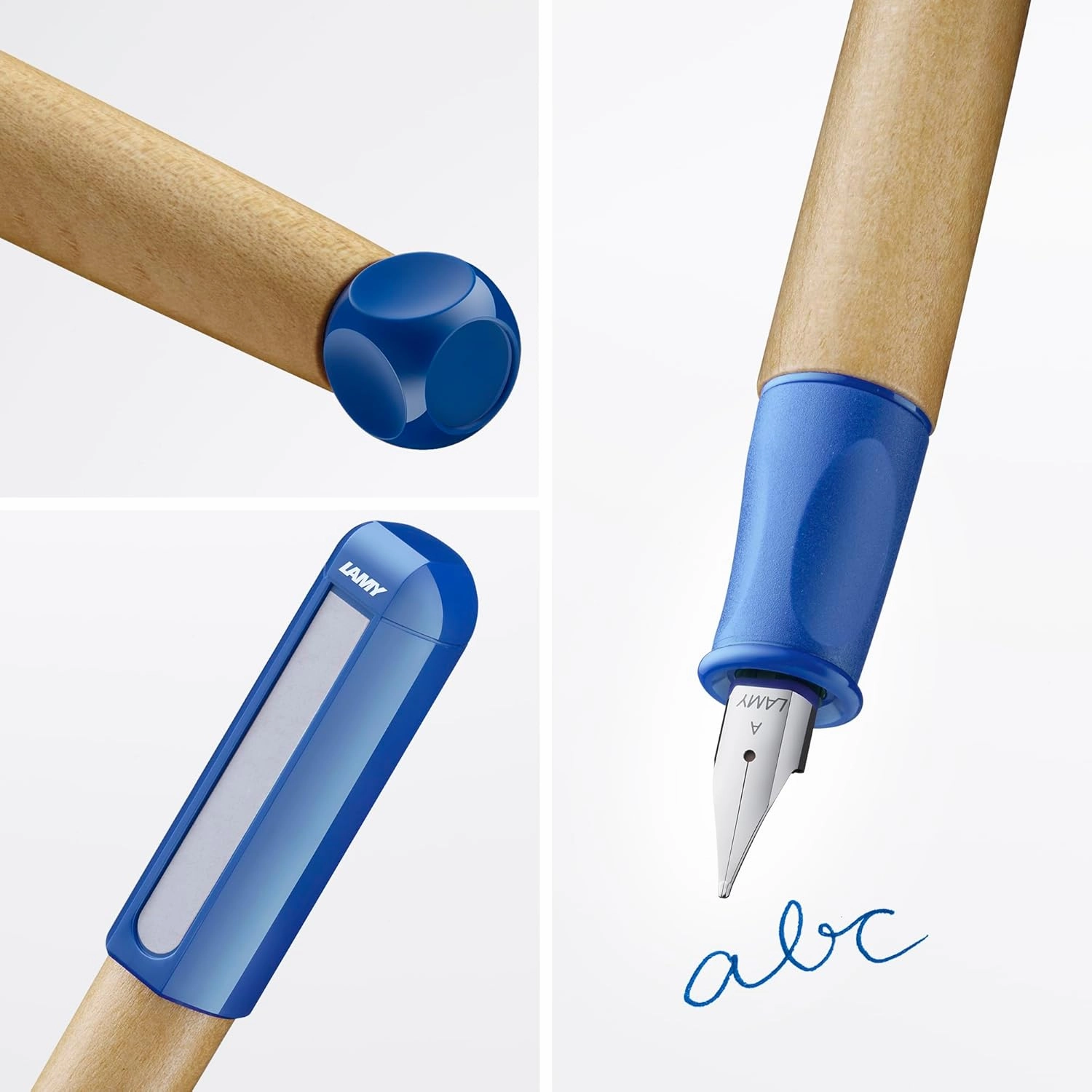LAMY abc blue - child-friendly Fountain Pen for writing beginners with ergonomic grip & polished Left-Handed steel nib (LH) in size M - robust maple wood - including LAMY T 10 blue ink cartridge
