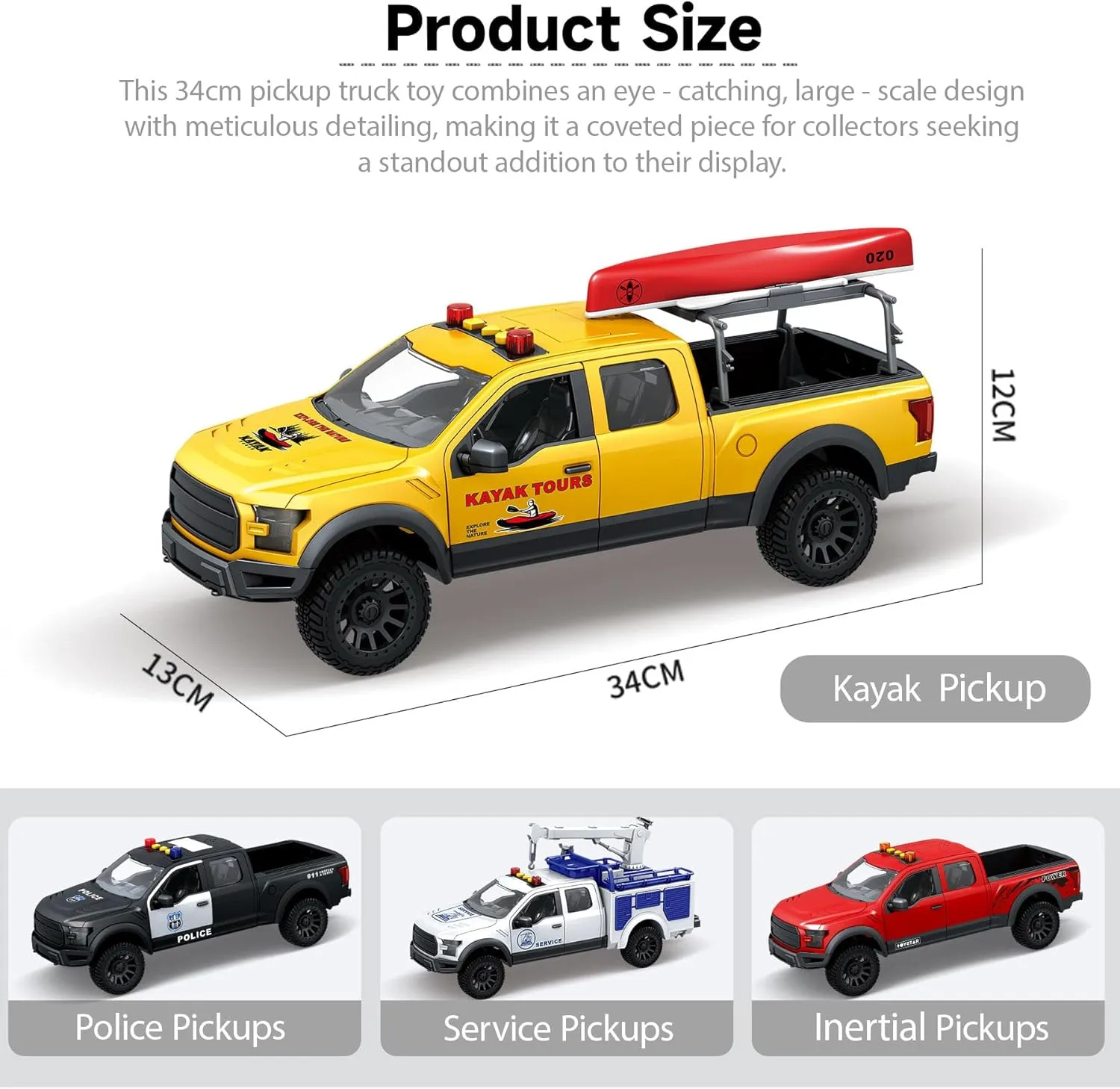 Large 15" Pickup Truck Toy with Kayak – Lights, Sounds & Inertial Drive – Interactive Toy Car for for 3 4 5 6 7 Years Old Boys