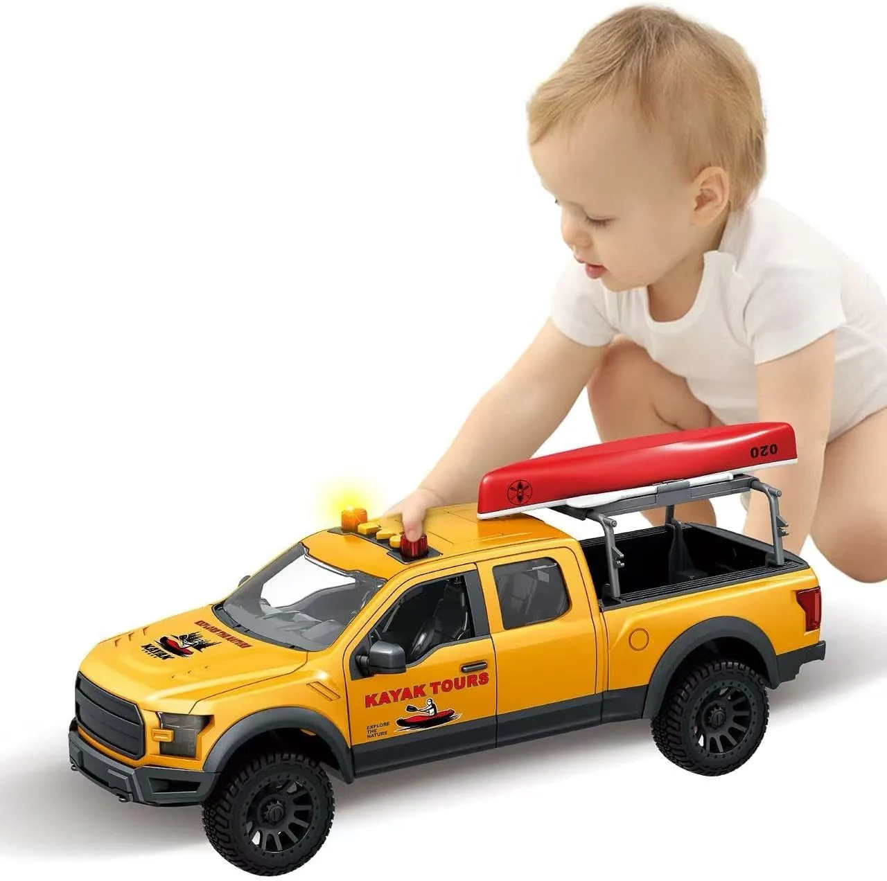 Large 15" Pickup Truck Toy with Kayak – Lights, Sounds & Inertial Drive – Interactive Toy Car for for 3 4 5 6 7 Years Old Boys
