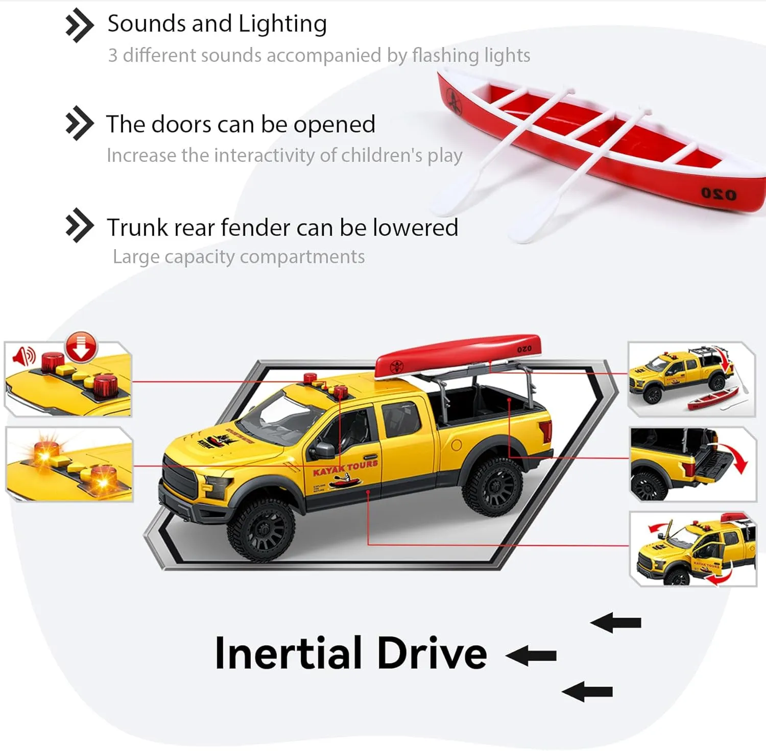 Large 15" Pickup Truck Toy with Kayak – Lights, Sounds & Inertial Drive – Interactive Toy Car for for 3 4 5 6 7 Years Old Boys