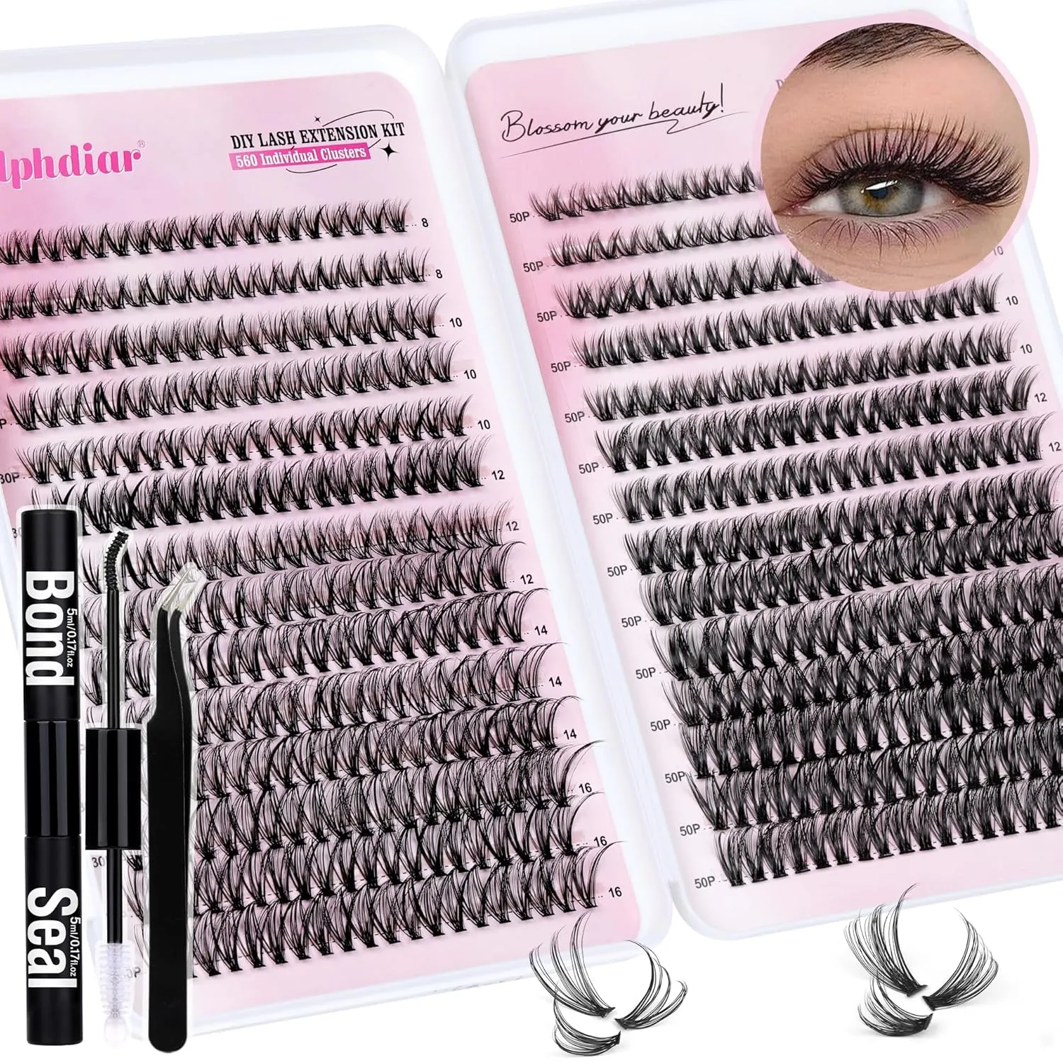 Lash Extension Kit 30D&50D Eyelash Extension Kit D-curly Lash Clusters Kit with Lash Bond and Seal 560 Pcs Natural Lashes Extension Kit with Lash Tweezers by Calphdiar (30D 50D-D-8-16MIX KIT)