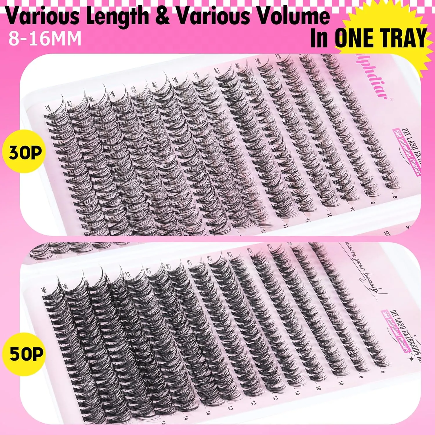 Lash Extension Kit 30D&50D Eyelash Extension Kit D-curly Lash Clusters Kit with Lash Bond and Seal 560 Pcs Natural Lashes Extension Kit with Lash Tweezers by Calphdiar (30D 50D-D-8-16MIX KIT)