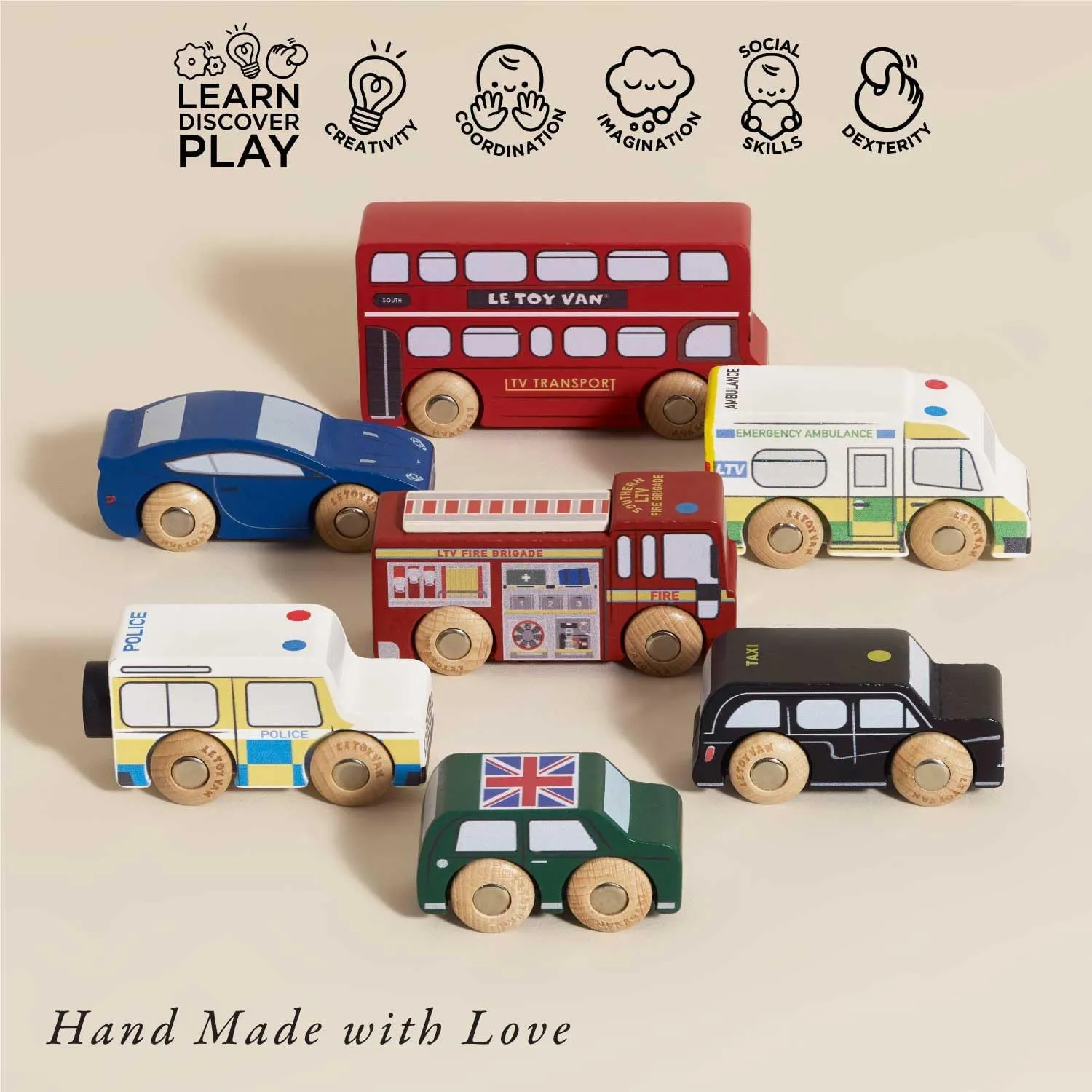 Le Toy Van London Car Set Premium Wooden Toys for Kids Ages 3 Years & Up (TV267), 7-pk