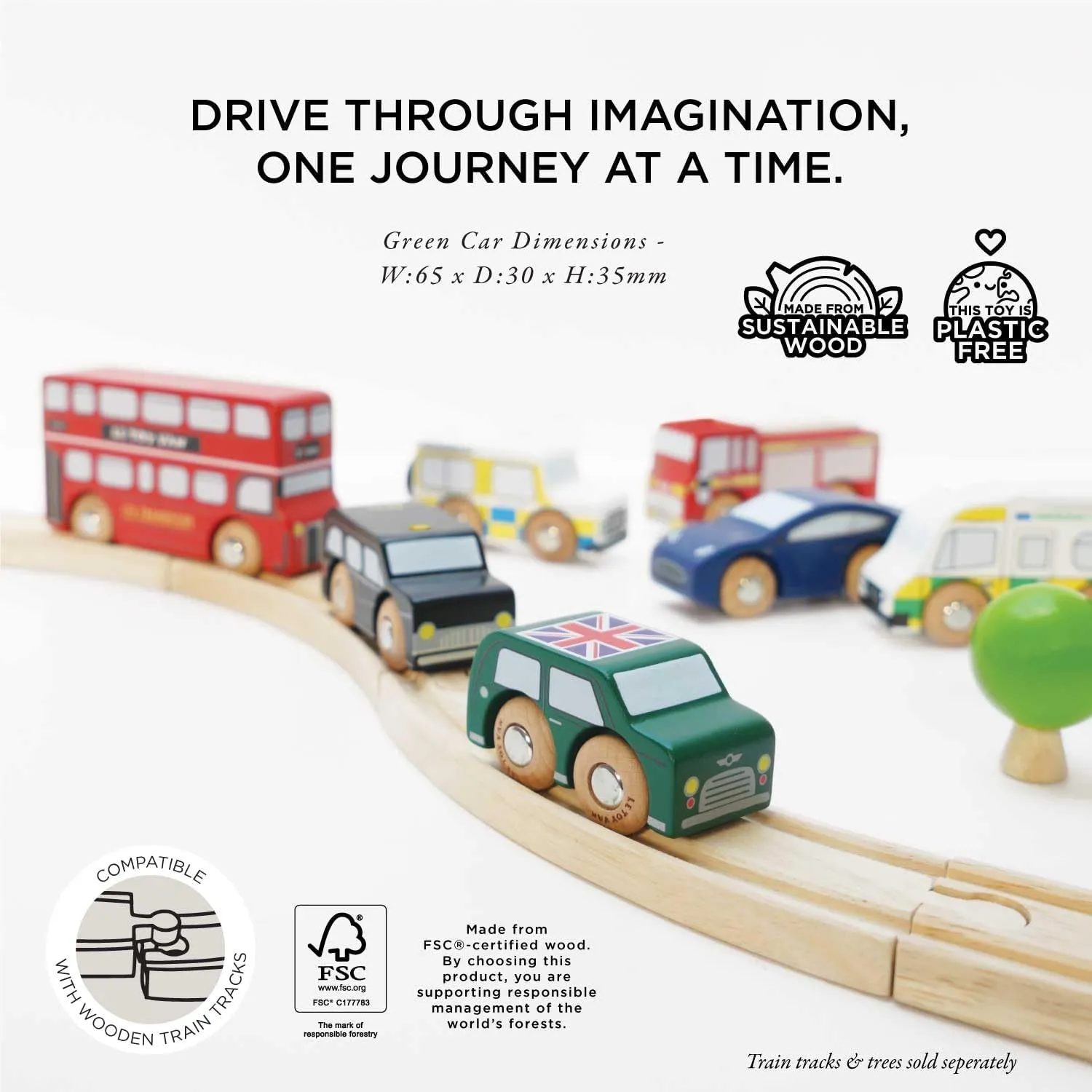 Le Toy Van London Car Set Premium Wooden Toys for Kids Ages 3 Years & Up (TV267), 7-pk