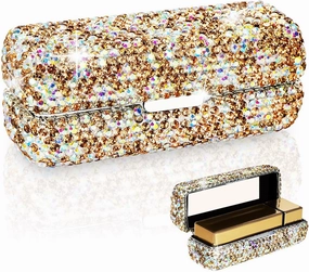 Lipstick Case Holder with Mirror,Crystal Lipstick Case Storage Organizer Box Cosmetic Storage Kit Makeup Travel Cases (Gold)
