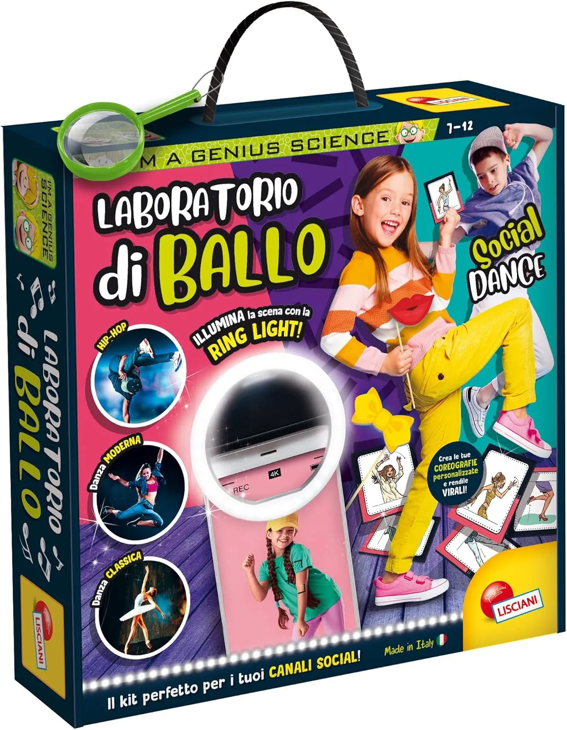 Lisciani Giochi- I'm a Genius Social Dance Laboratory, Portable Ring Light, Selfie Stick, Multicoloured, 97357