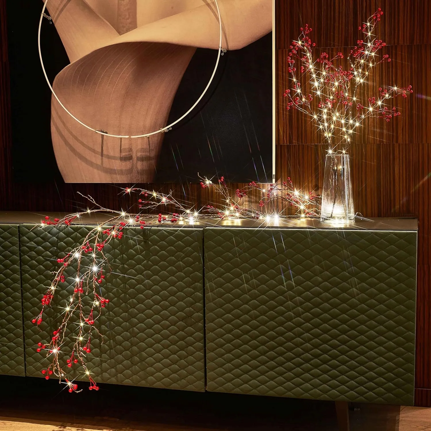 LITBLOOM Lighted Red Berry Branches 80 LED Fairy Lights with Timer, Twig Branches with Lights 32IN Battery Operated and USB Plug in for Home Fireplace Christmas Decoration