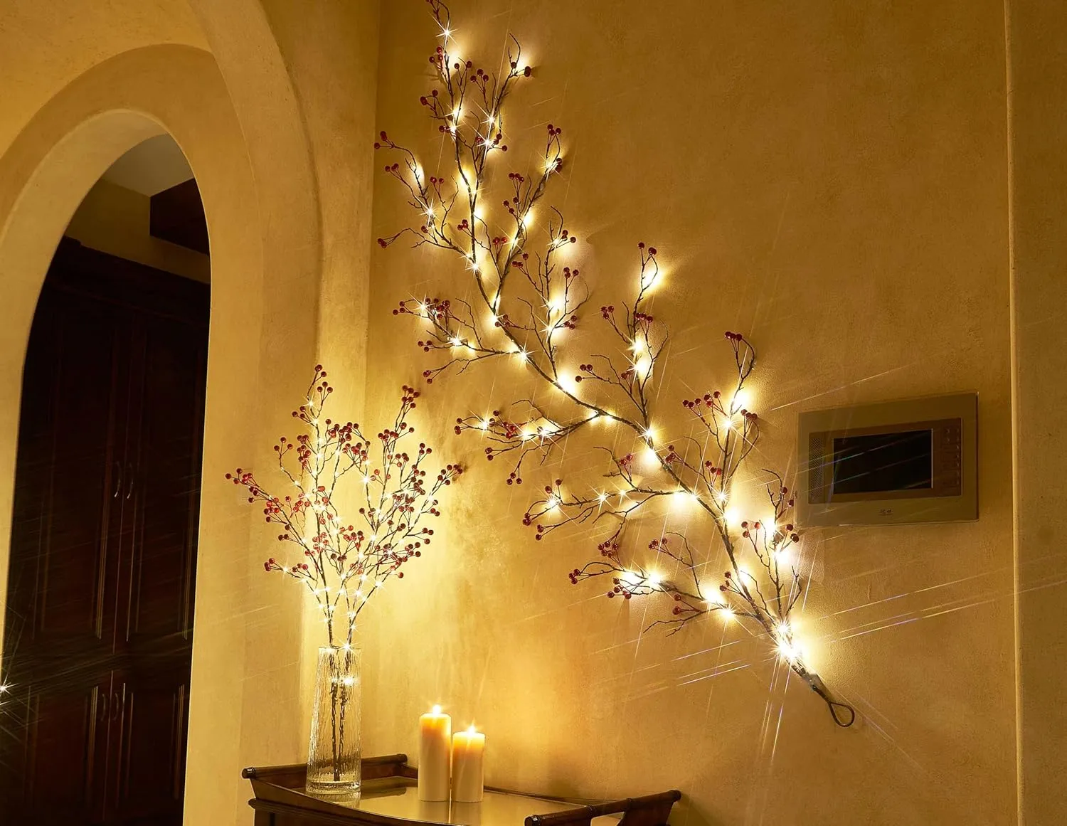 LITBLOOM Lighted Red Berry Branches 80 LED Fairy Lights with Timer, Twig Branches with Lights 32IN Battery Operated and USB Plug in for Home Fireplace Christmas Decoration