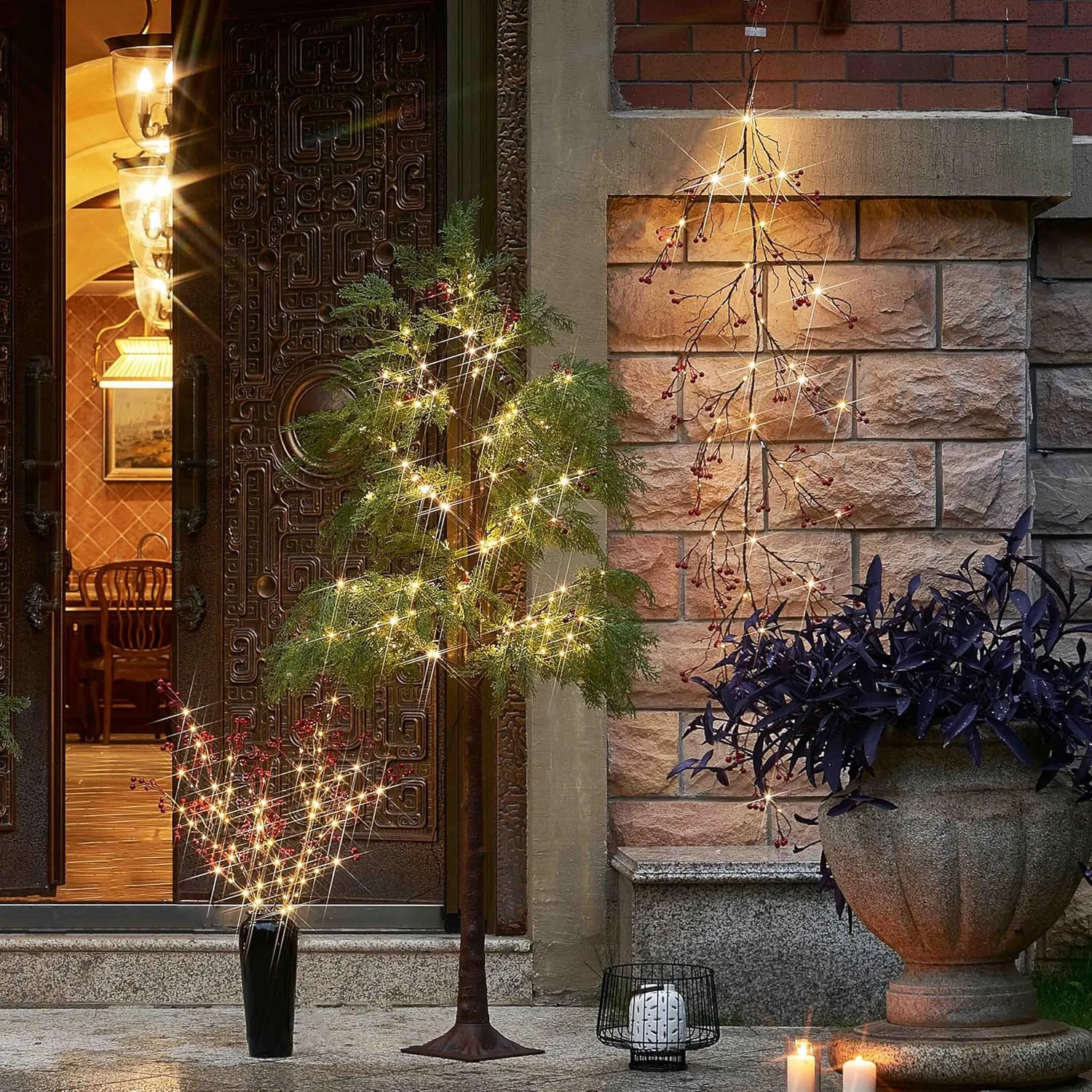 LITBLOOM Lighted Red Berry Branches 80 LED Fairy Lights with Timer, Twig Branches with Lights 32IN Battery Operated and USB Plug in for Home Fireplace Christmas Decoration