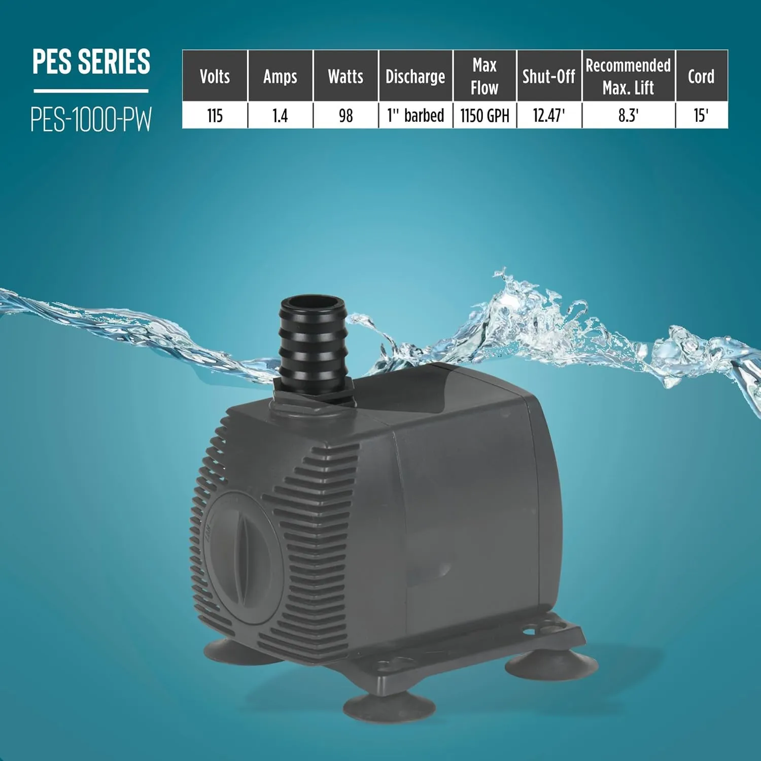 Little Giant PES-1000-PW 115-Volt, 1150 GPH Magnetic Drive Fountain/Pond Pump with 15-Ft. Cord, Black, 566722