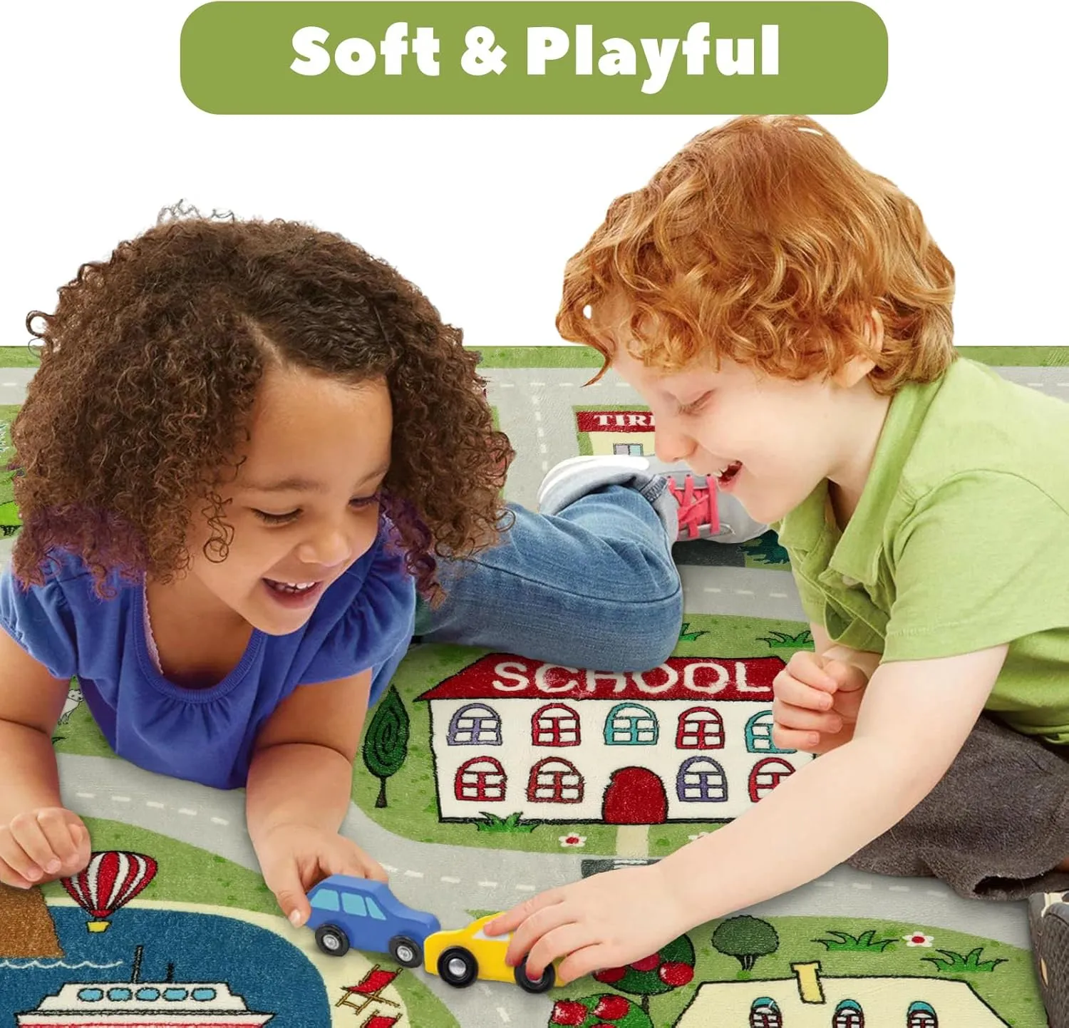LIVEBOX Green Kids Playroom Rug, 5'x7' Washable Road Mat for Kids Room, Non-Slip Soft Car Play Mat for Baby Nursery, Large City Traffic Classroom for Boys Girls Dorm Toy Room Tent