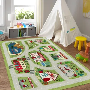 LIVEBOX Green Kids Playroom Rug, 5'x7' Washable Road Mat for Kids Room, Non-Slip Soft Car Play Mat for Baby Nursery, Large City Traffic Classroom for Boys Girls Dorm Toy Room Tent