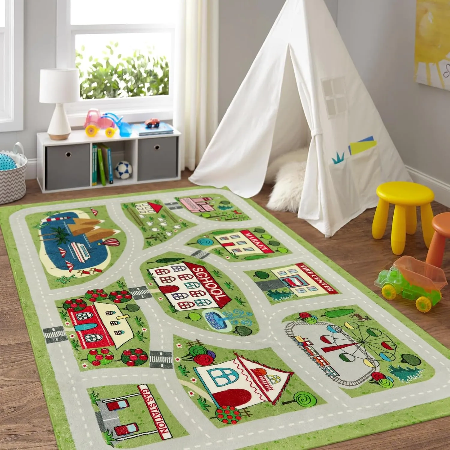 LIVEBOX Green Kids Playroom Rug, 5'x7' Washable Road Mat for Kids Room, Non-Slip Soft Car Play Mat for Baby Nursery, Large City Traffic Classroom for Boys Girls Dorm Toy Room Tent