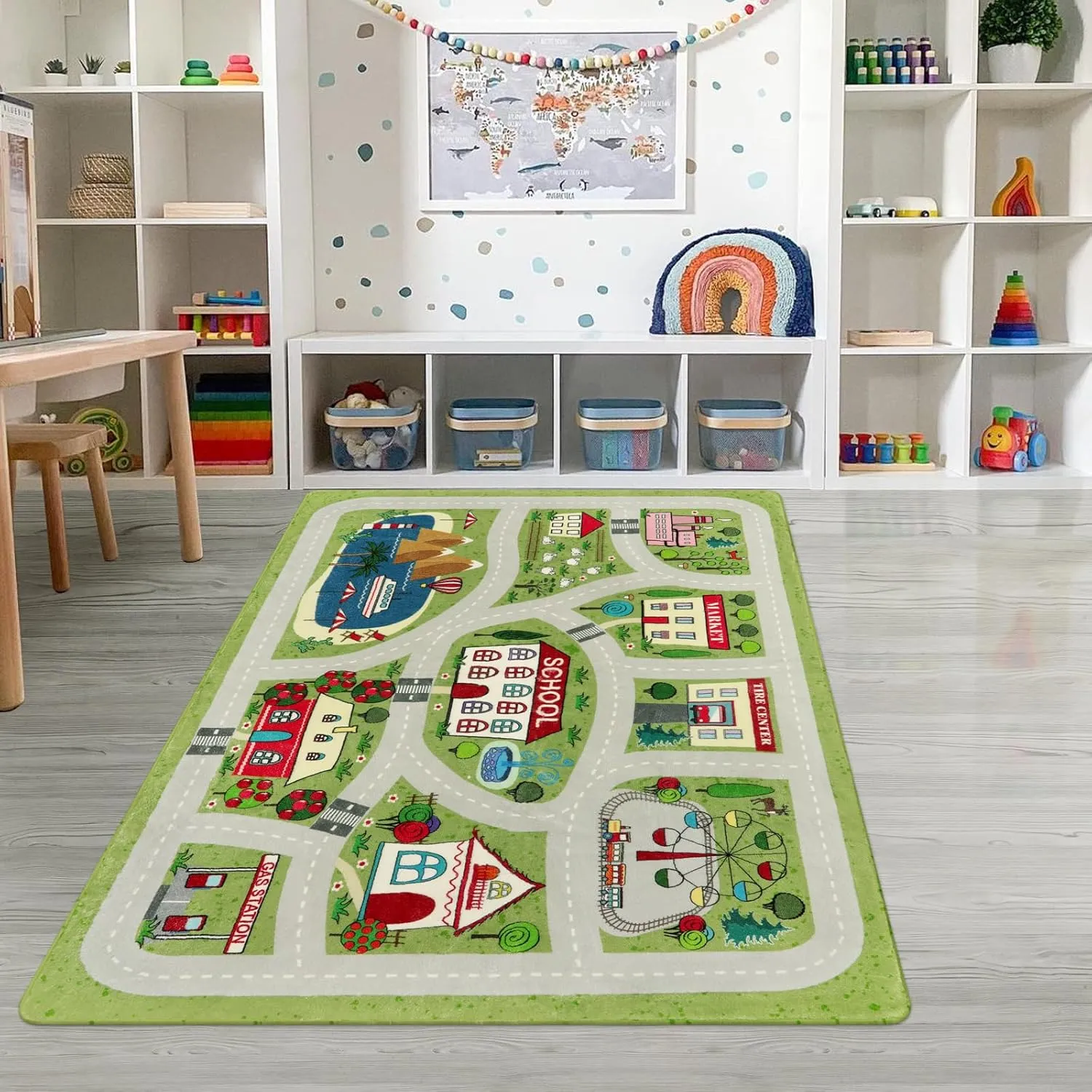 LIVEBOX Green Kids Playroom Rug, 5'x7' Washable Road Mat for Kids Room, Non-Slip Soft Car Play Mat for Baby Nursery, Large City Traffic Classroom for Boys Girls Dorm Toy Room Tent