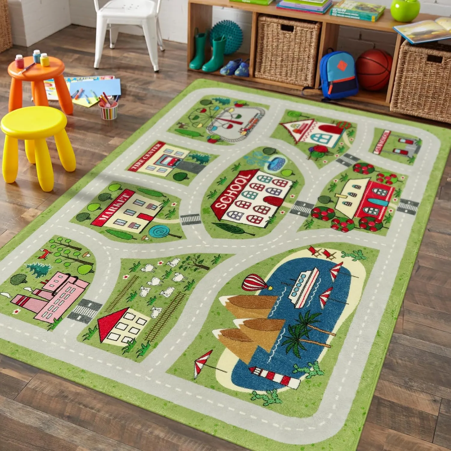 LIVEBOX Green Kids Playroom Rug, 5'x7' Washable Road Mat for Kids Room, Non-Slip Soft Car Play Mat for Baby Nursery, Large City Traffic Classroom for Boys Girls Dorm Toy Room Tent