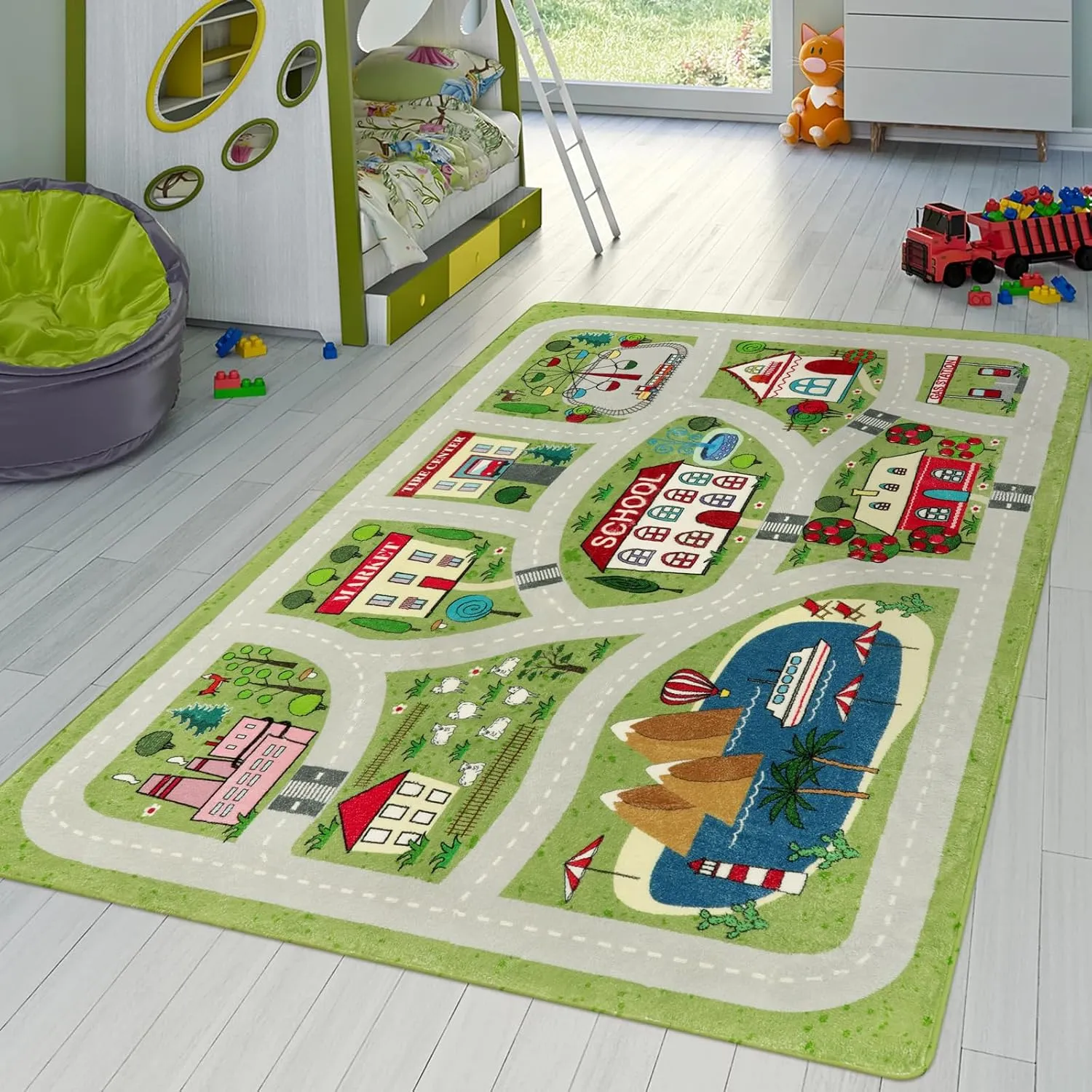 LIVEBOX Green Kids Playroom Rug, 5'x7' Washable Road Mat for Kids Room, Non-Slip Soft Car Play Mat for Baby Nursery, Large City Traffic Classroom for Boys Girls Dorm Toy Room Tent