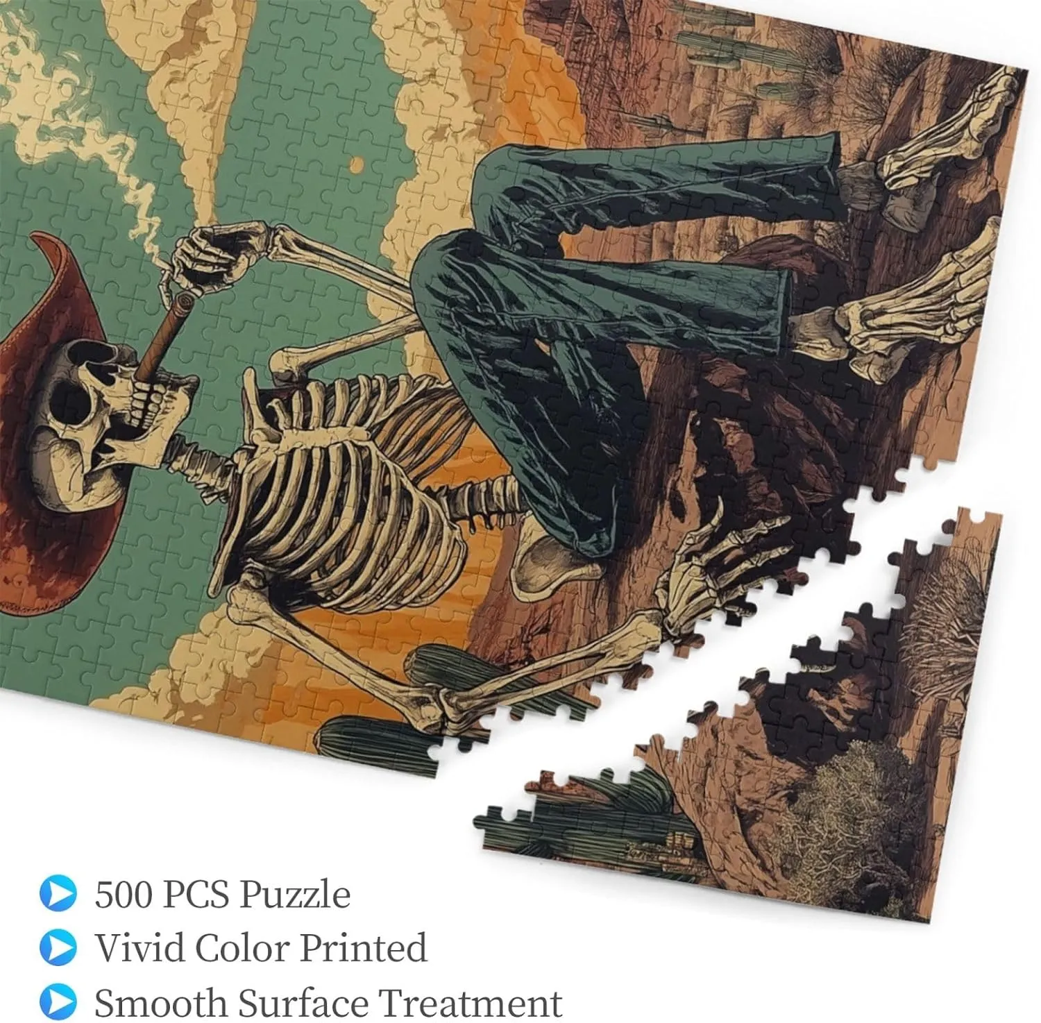 Lone Skeleton Cowboy Sitting in Desert Sunset,500 Piece Wooden Puzzle for Adults,Brain Training Challenge,Stress Relief Activity,Haunting Western Artwork,eco-Friendly woodens Pieces