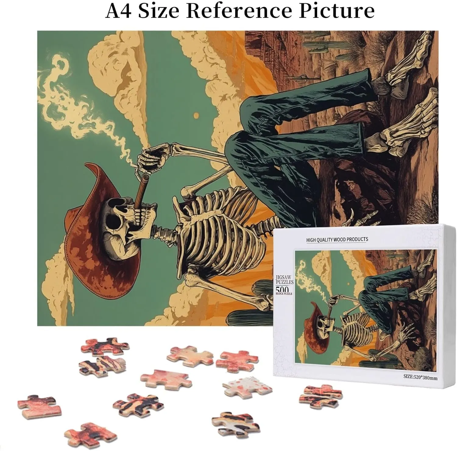Lone Skeleton Cowboy Sitting in Desert Sunset,500 Piece Wooden Puzzle for Adults,Brain Training Challenge,Stress Relief Activity,Haunting Western Artwork,eco-Friendly woodens Pieces