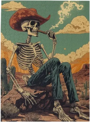 Lone Skeleton Cowboy Sitting in Desert Sunset,500 Piece Wooden Puzzle for Adults,Brain Training Challenge,Stress Relief Activity,Haunting Western Artwork,eco-Friendly woodens Pieces