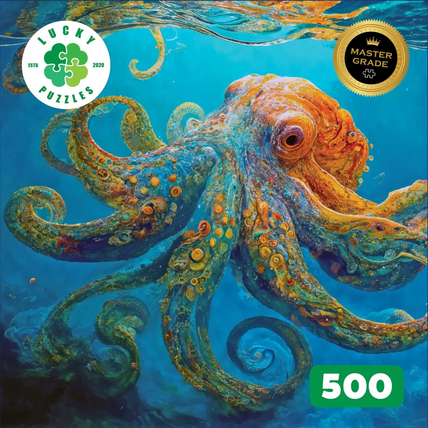Lucky Puzzles Octopus in a Swirling Sea | 500 Piece Jigsaw Puzzle for Adults | Best New Marine Artwork Puzzle | Unique Brain Teaser | 18 x 24 Inches