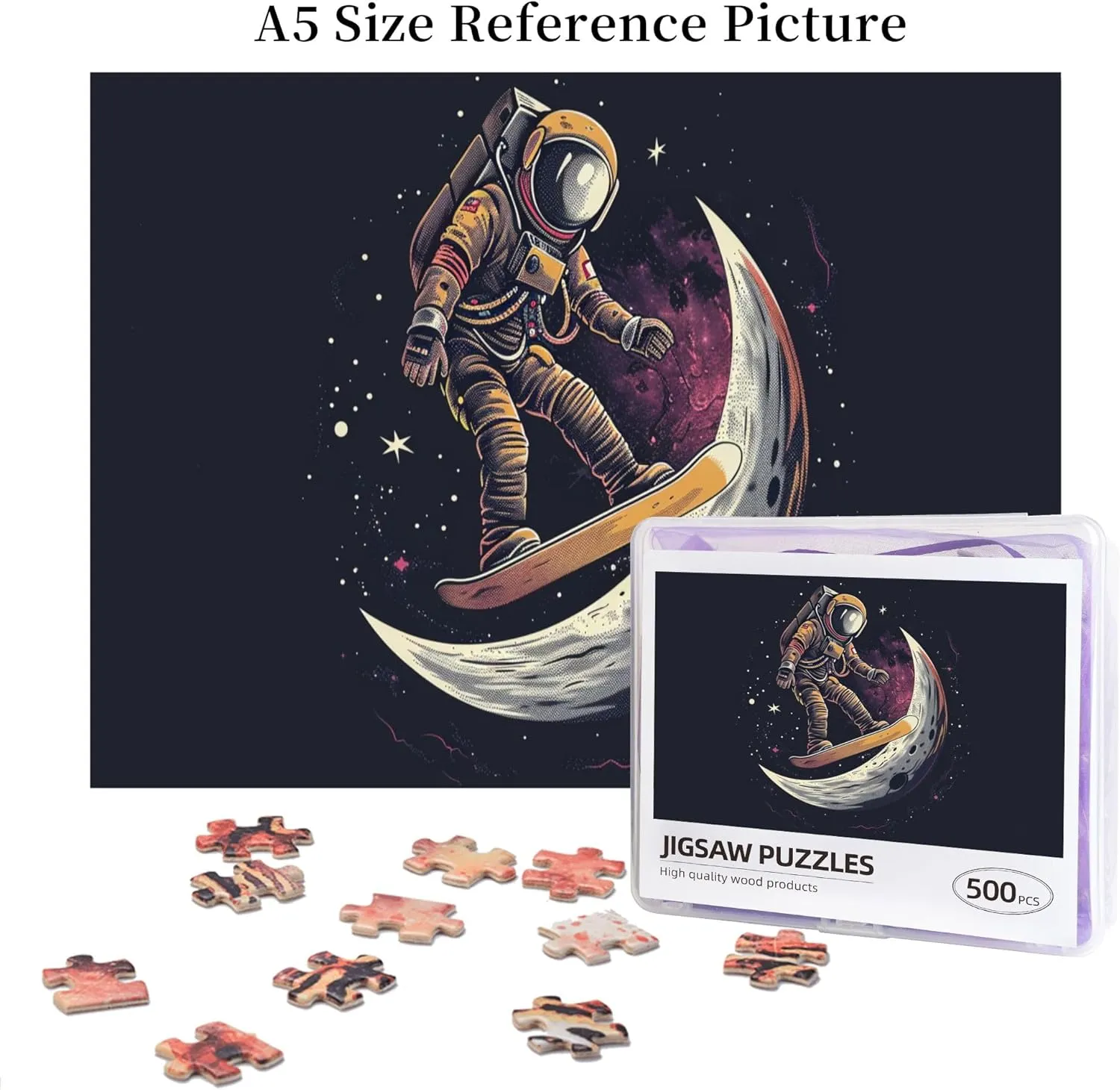 Lunar Skateboarding Astronauts 500 Pcs Jigsaw Puzzles,Unique Artwork for Adults,Great for Relaxation and Display for Puzzle Enthusiast,Challenging Brain Exercise,Modern Art Wooden Puzzle
