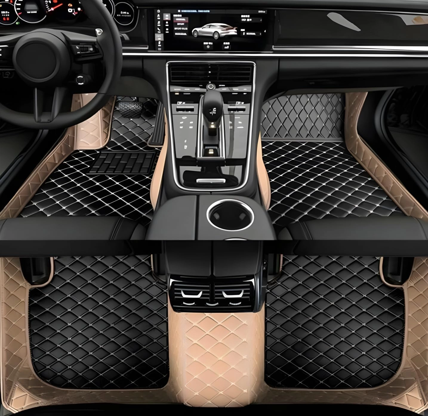 Luxury Leather Car Floor Mats for 2008-2014 Hyundai Genesis- All-Weather, Easy to Clean, Premium Interior Protection (Beige Black Combination)