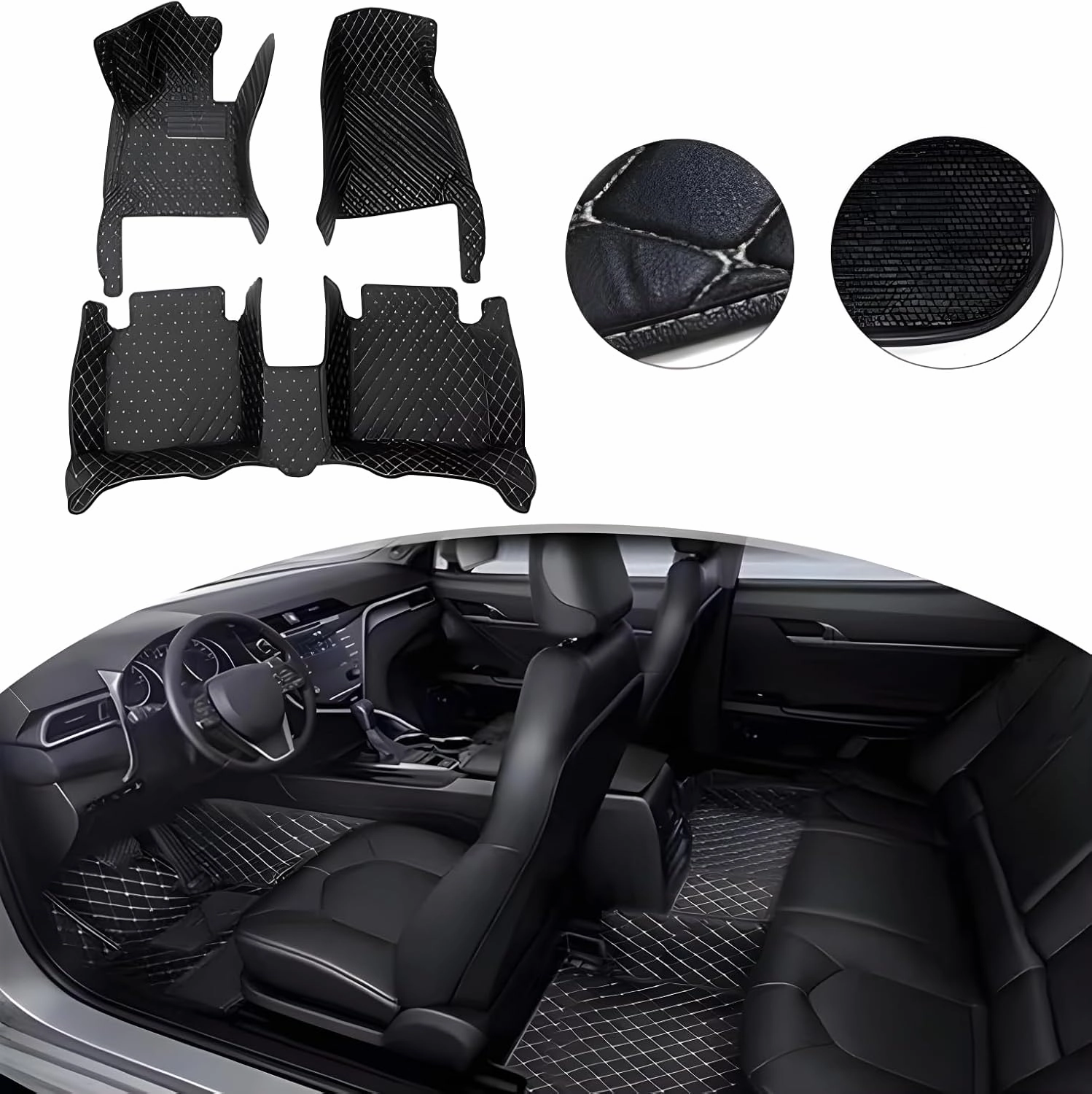 Luxury Leather Car Floor Mats for 2008-2014 Hyundai Genesis- All-Weather, Easy to Clean, Premium Interior Protection (Beige Black Combination)