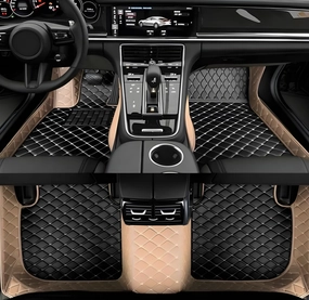 Luxury Leather Car Floor Mats for 2008-2014 Hyundai Genesis- All-Weather, Easy to Clean, Premium Interior Protection (Beige Black Combination)