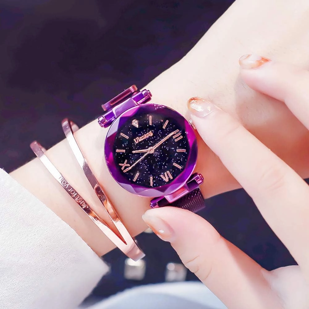 Luxury Quartz Starry Sky Dial Ladies Wrist Watches,Magnetic Mesh Band Watch and Bracelet Set…