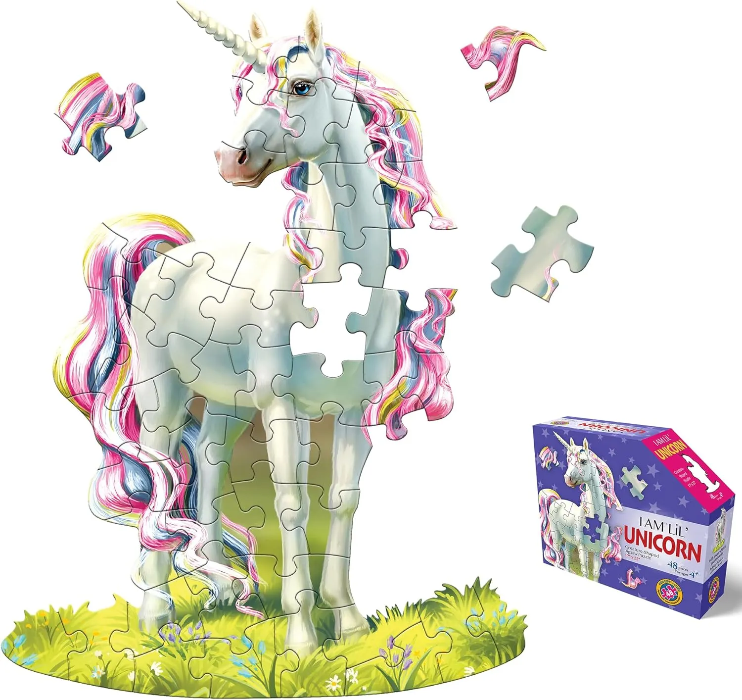 Madd Capp: I Am Lil' Unicorn - 48 Piece Puzzle - Kids Magical Creature-Shaped Jigsaw, 17x22 Size, Poster Reference, Educational Fun Fact Booklet