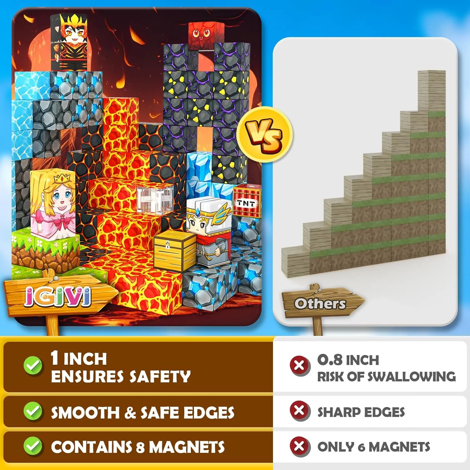 Magnetic Blocks - Build Mine Magnet World Lava Valley Set, 1" Magnetic Cube Building Toys for Kids Ages 3 , Montessori Sensory Toys for Toddlers, Creative Game Themed Toy Gifts for Boys & Girls