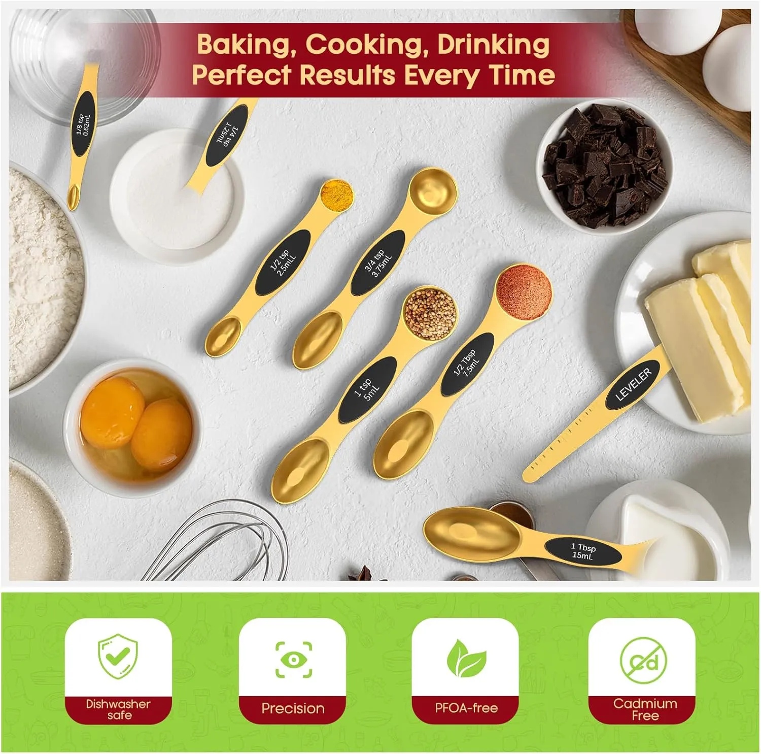 Magnetic Measuring Spoons Set with Strong N45 Magnets, Heavy Duty Stainless Steel Metal, Fits in Most Kitchen Spice Jars for Baking & Cooking, BPA Free, Multicolor, Set of 8 with Leveler(Gold)