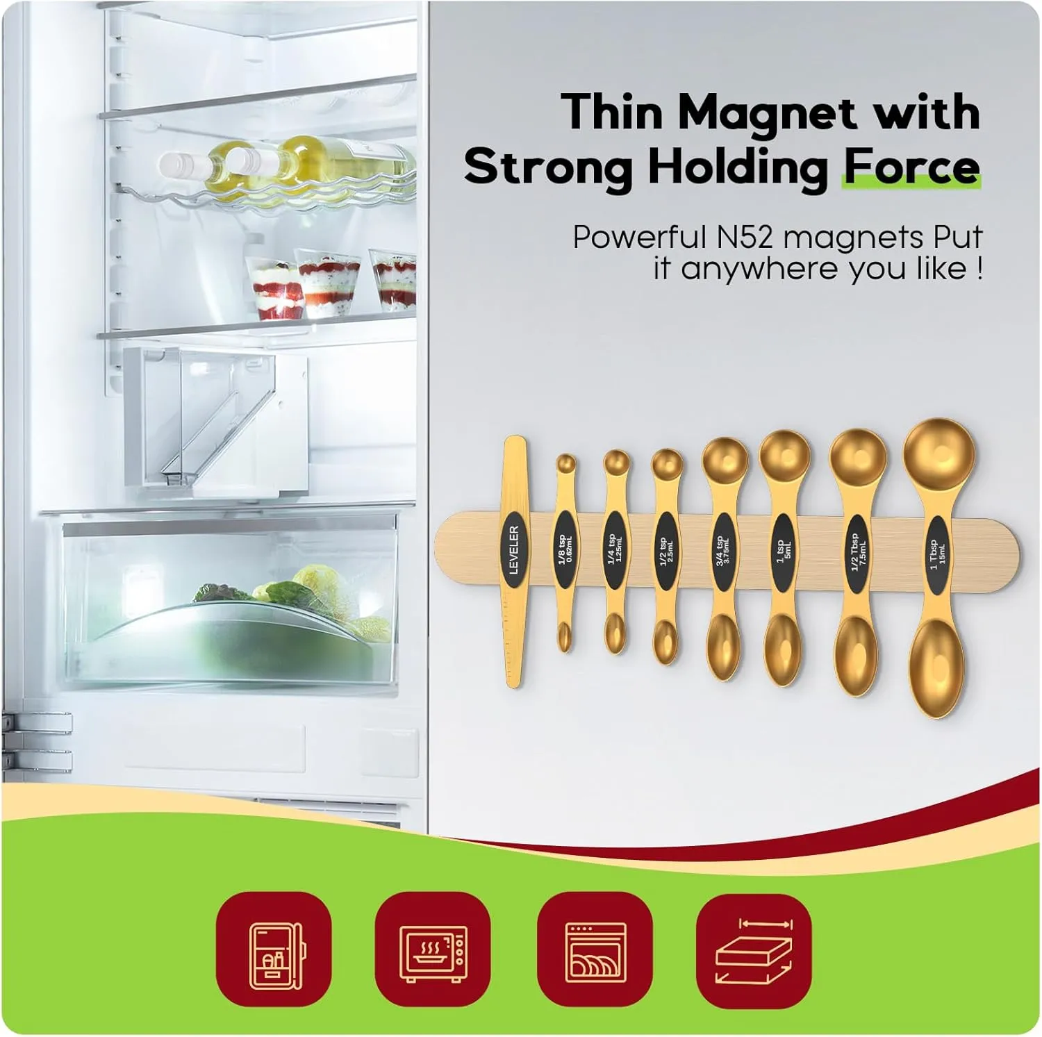 Magnetic Measuring Spoons Set with Strong N45 Magnets, Heavy Duty Stainless Steel Metal, Fits in Most Kitchen Spice Jars for Baking & Cooking, BPA Free, Multicolor, Set of 8 with Leveler(Gold)